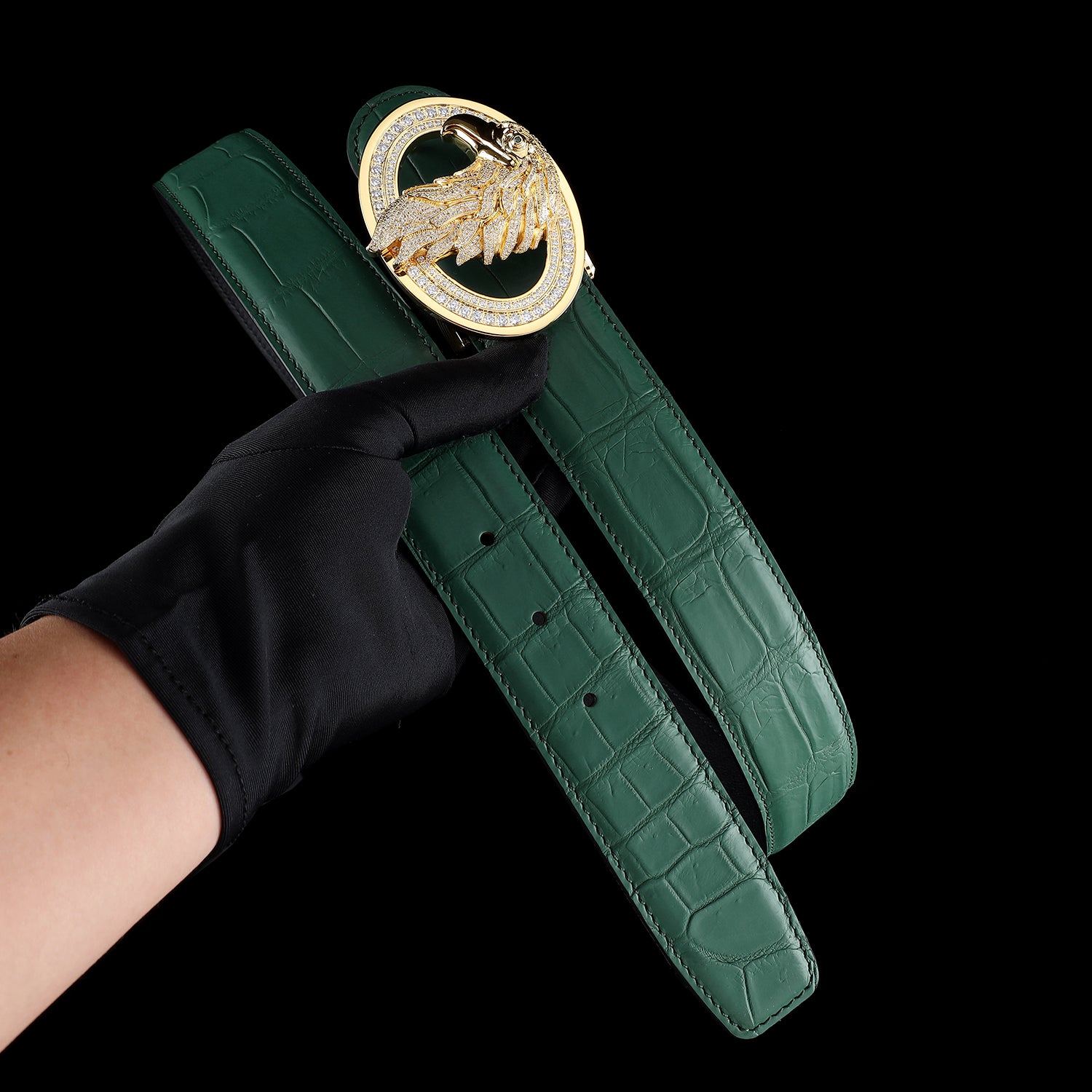 BELTLEY Emerald Green Crocodile Leather Belt With Gold Eagle