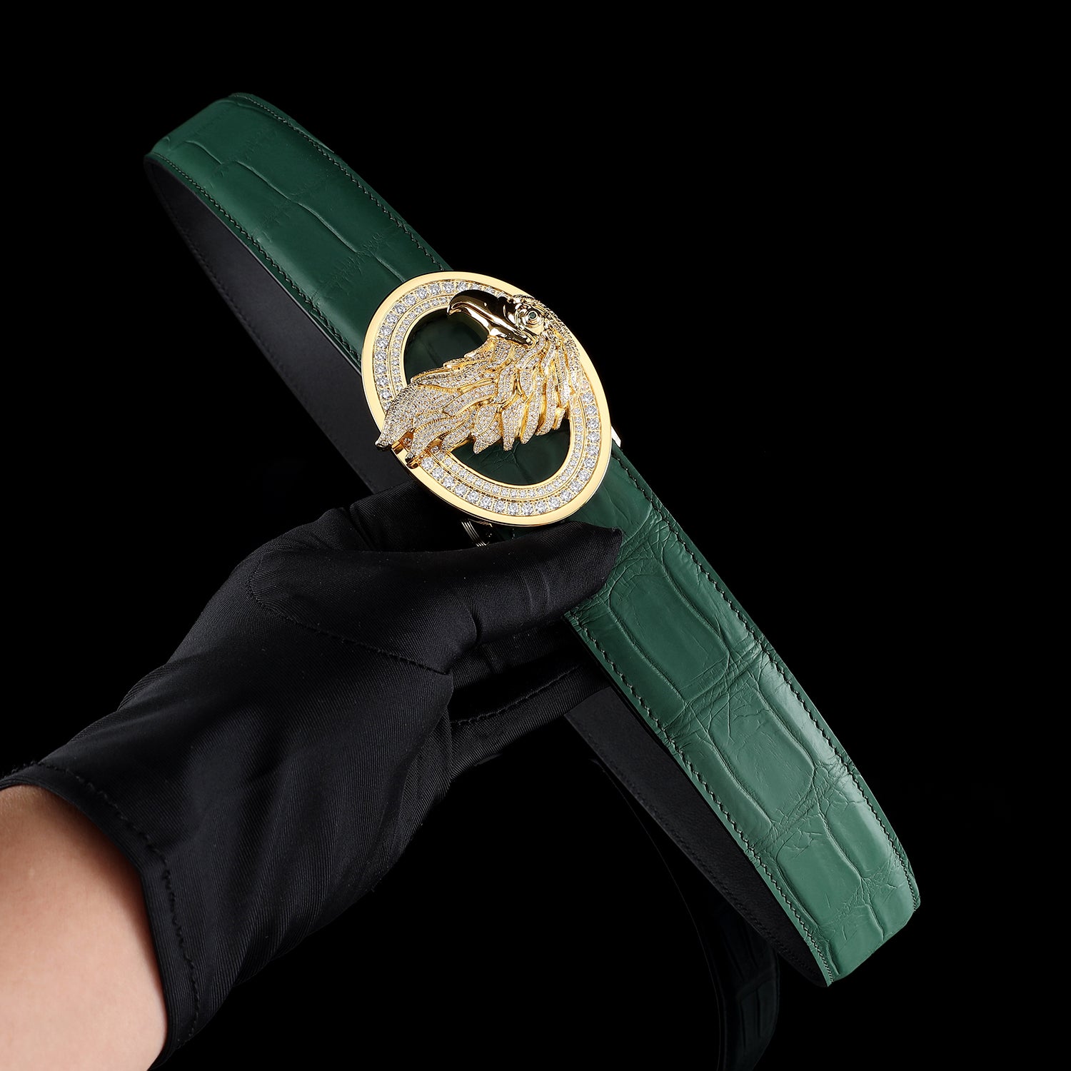 BELTLEY Emerald Green Crocodile Leather Belt With Gold Eagle