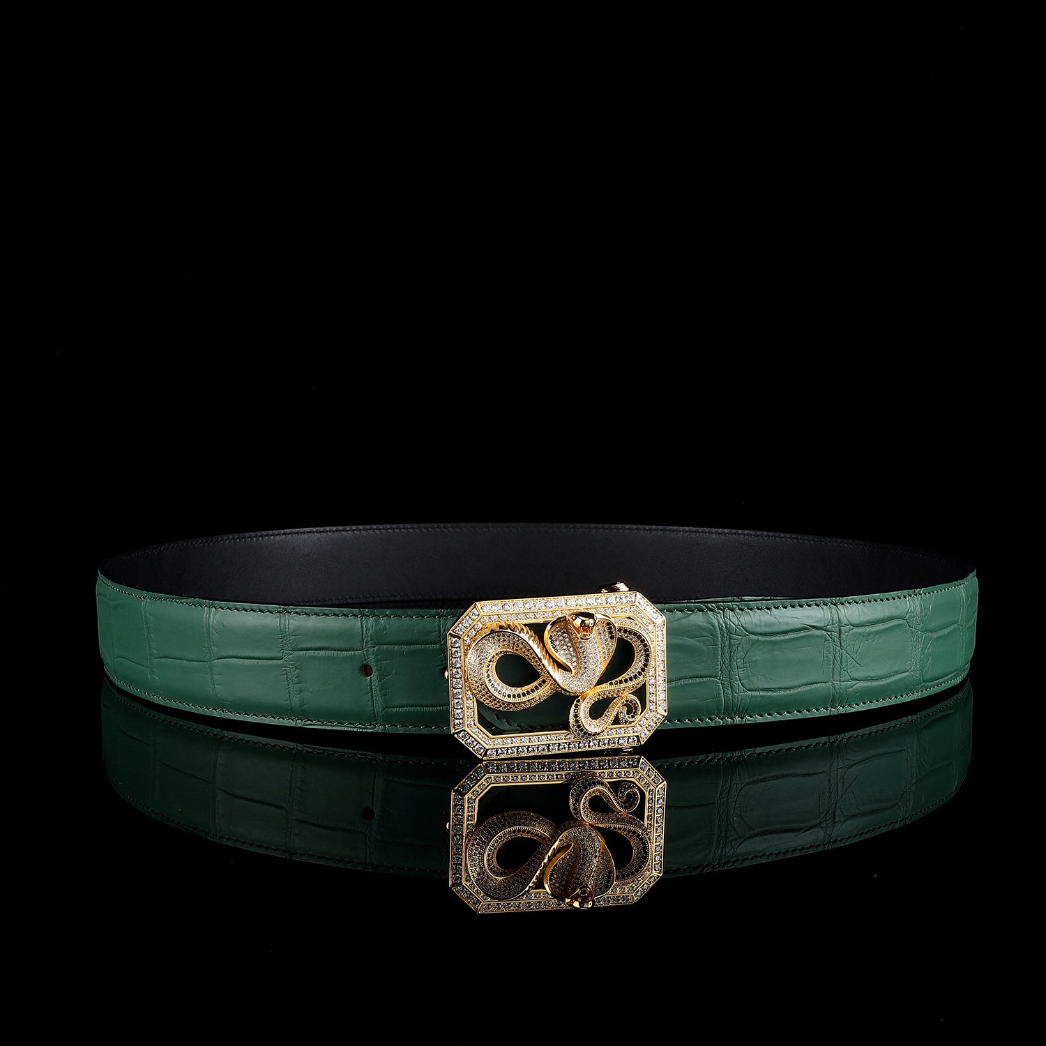 BELTLEY Emerald Green Genuine Crocodile Belt with Snake Buckle