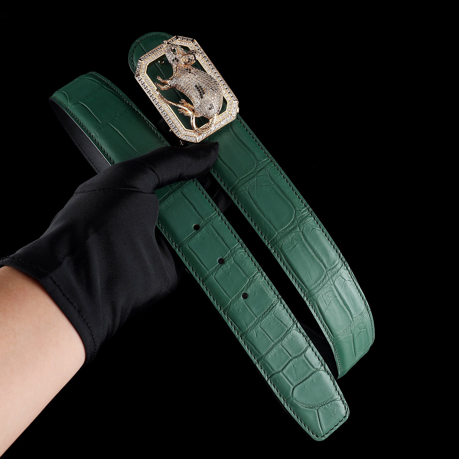 BELTLEY Emerald Green Nile Crocodile Skin Belt With Rat Buckle