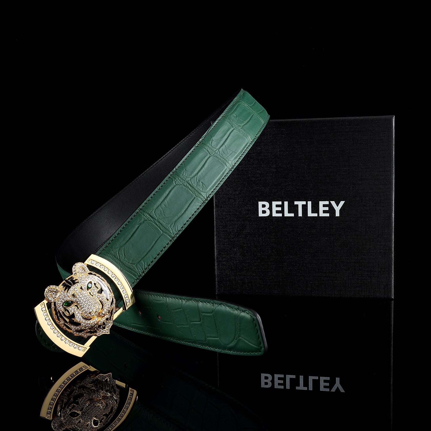 BELTLEY Emerald Green Real Crocodile Belt With 3D Tiger Head Buckle