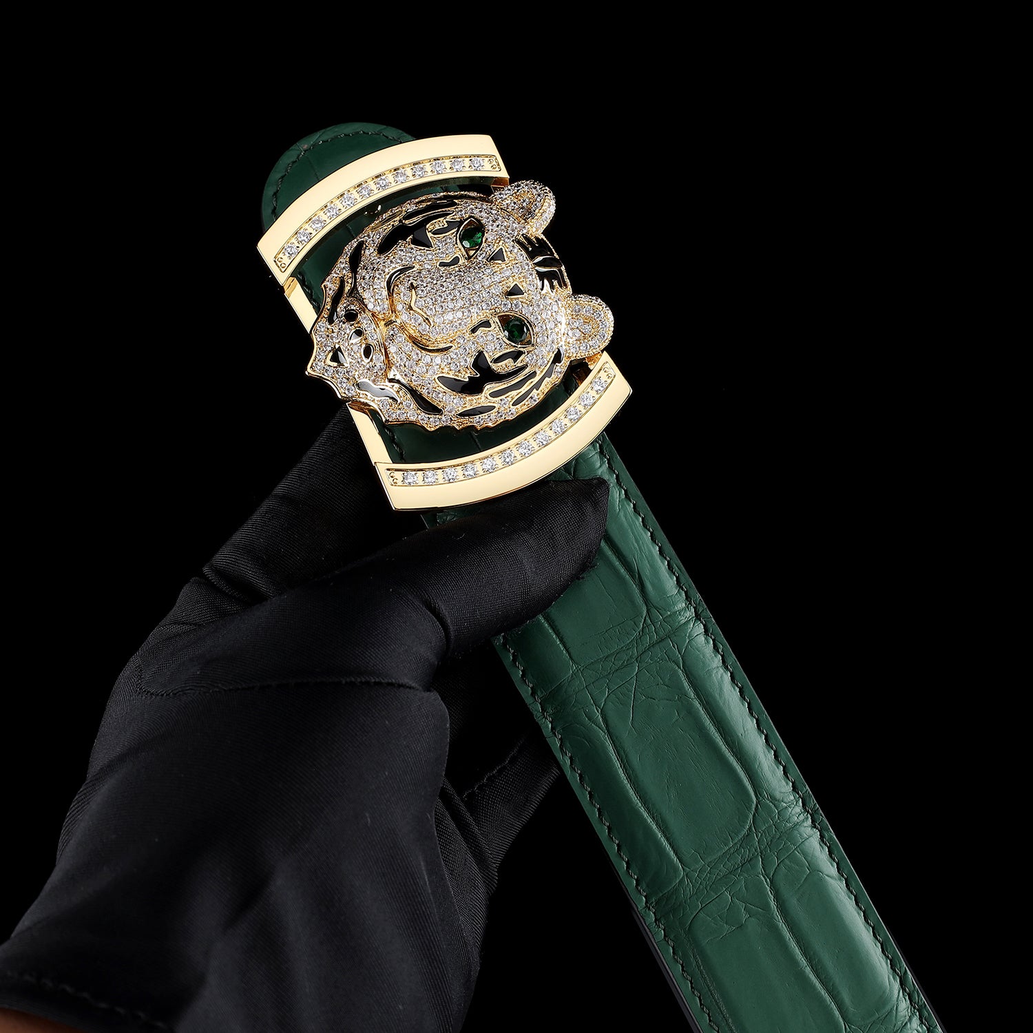 BELTLEY Emerald Green Real Crocodile Belt With 3D Tiger Head Buckle