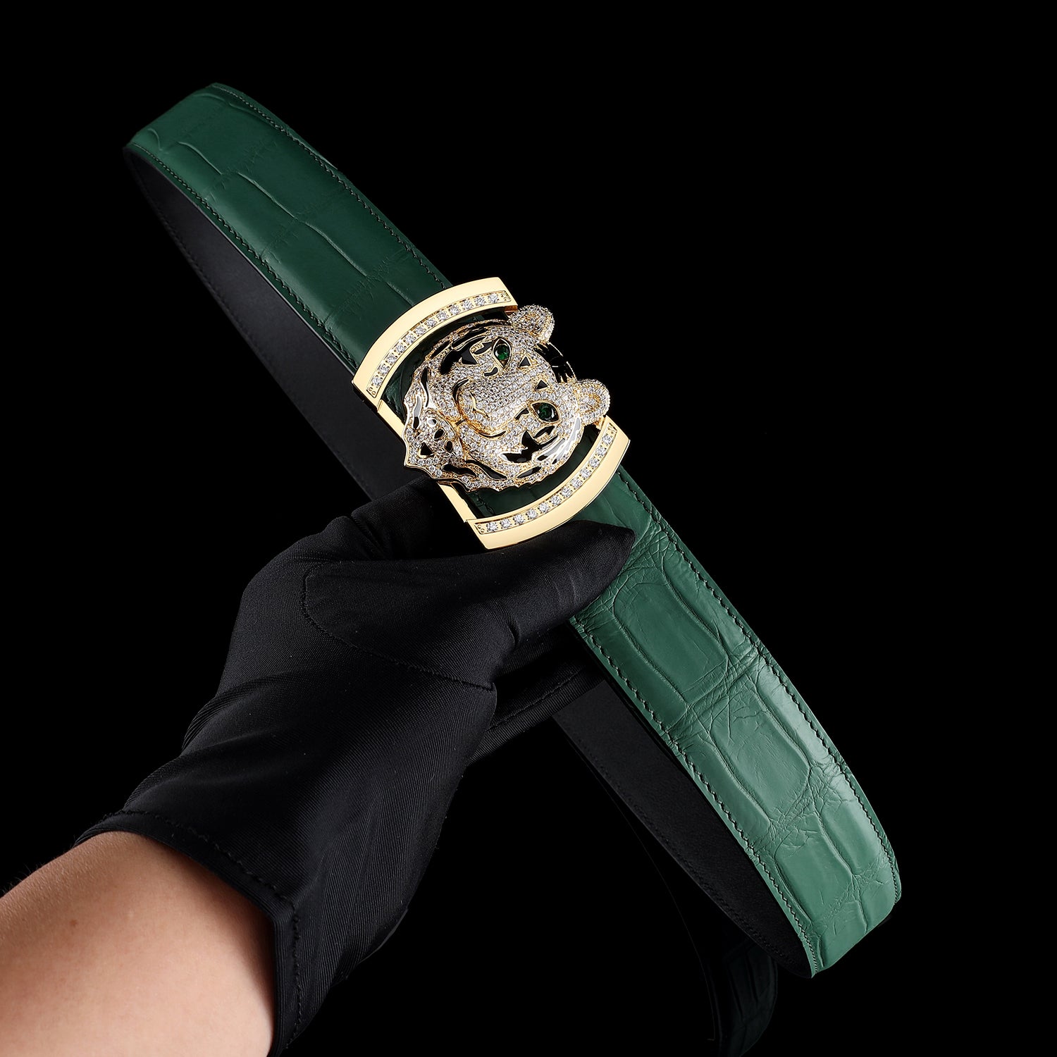 BELTLEY Emerald Green Real Crocodile Belt With 3D Tiger Head Buckle