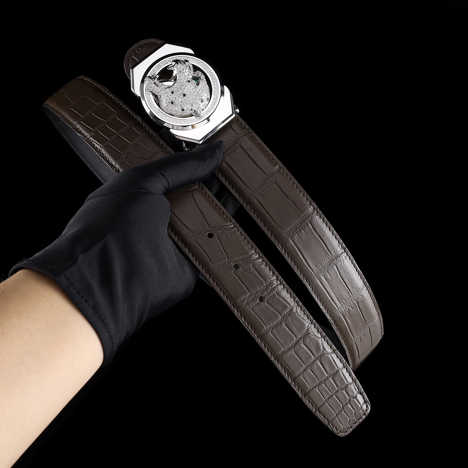 BELTLEY Espresso Brown Crocodile Belt – Roaring Leopard Edition