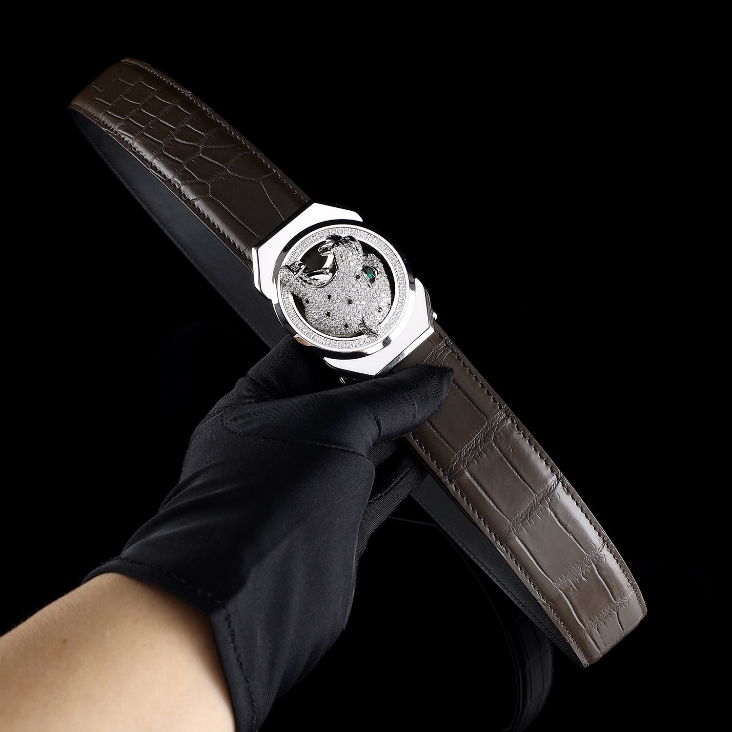 BELTLEY Espresso Brown Crocodile Belt – Roaring Leopard Edition