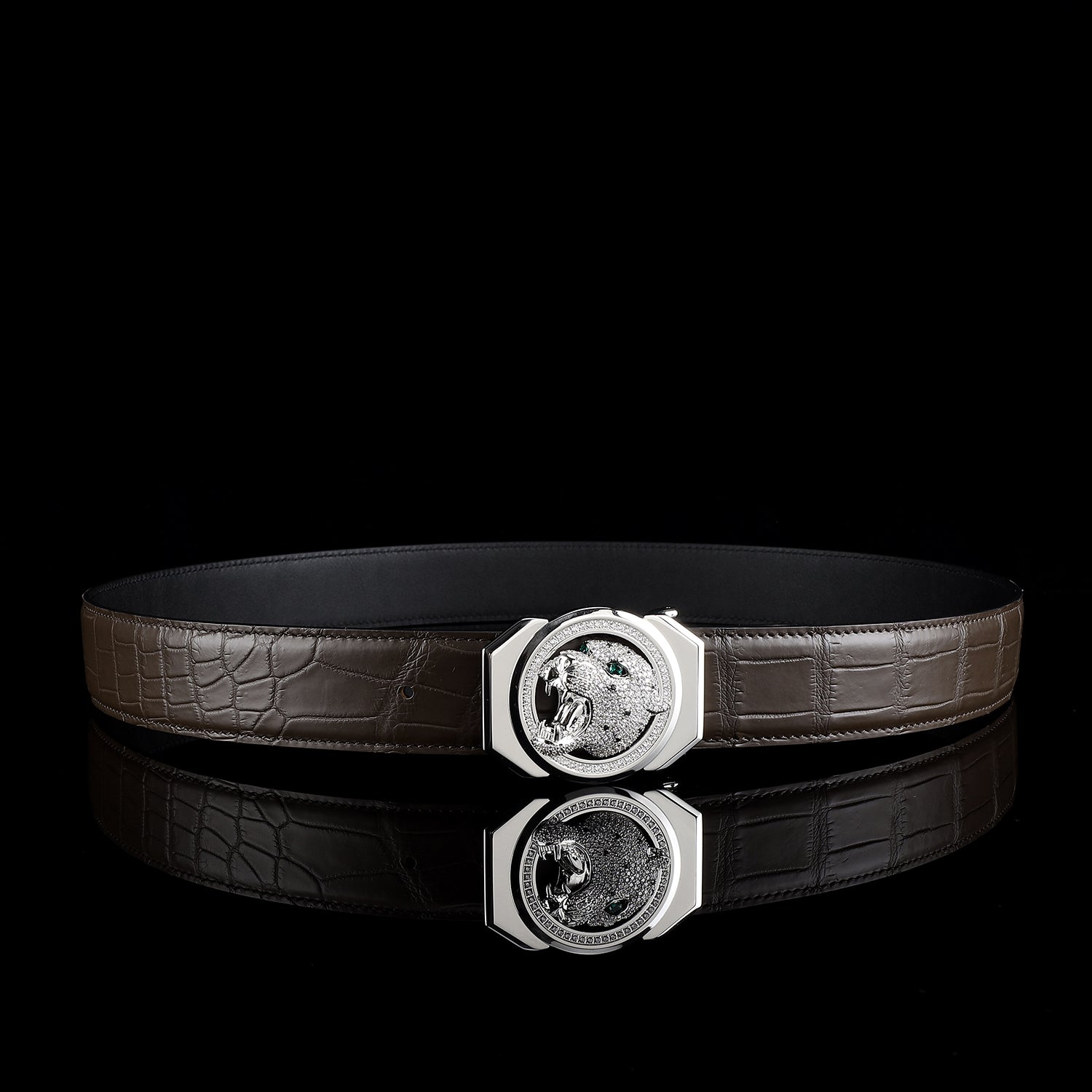 BELTLEY Espresso Brown Crocodile Belt – Roaring Leopard Edition