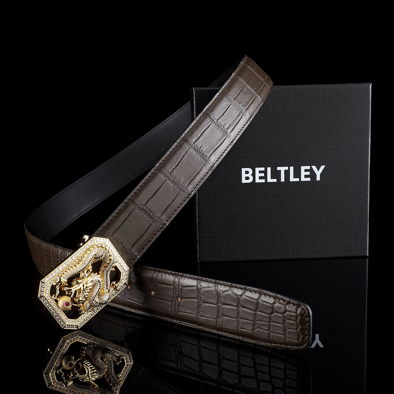 BELTLEY Espresso Brown Crocodile Belt with Dragon Buckle