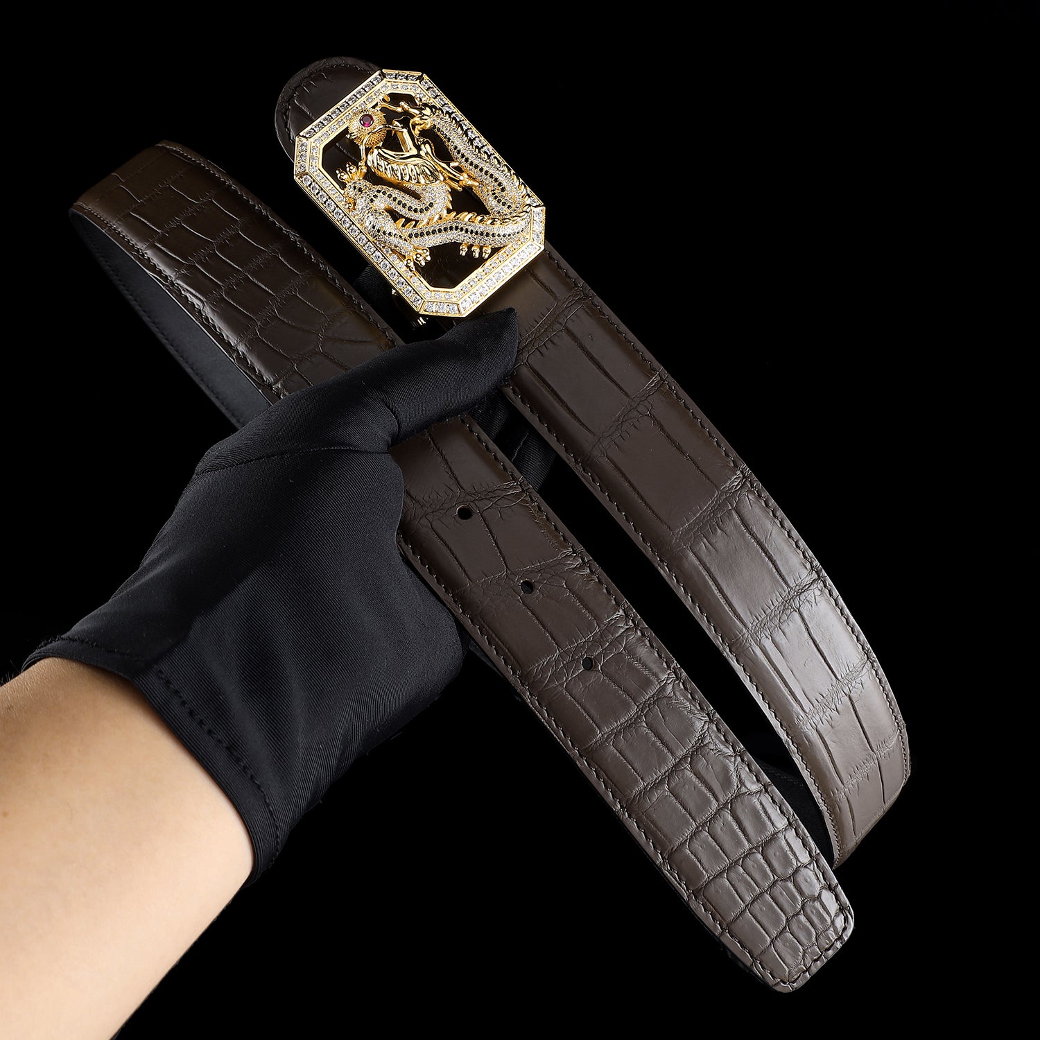 BELTLEY Espresso Brown Crocodile Belt with Dragon Buckle