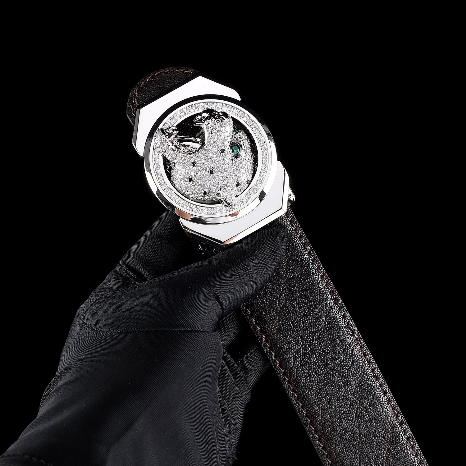 BELTLEY Espresso Brown Elephant Belt with Roaring Leopard Buckle