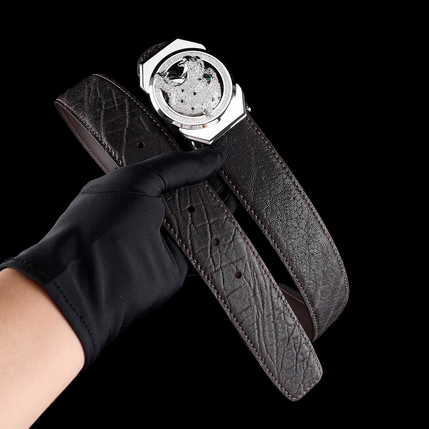 BELTLEY Espresso Brown Elephant Belt with Roaring Leopard Buckle