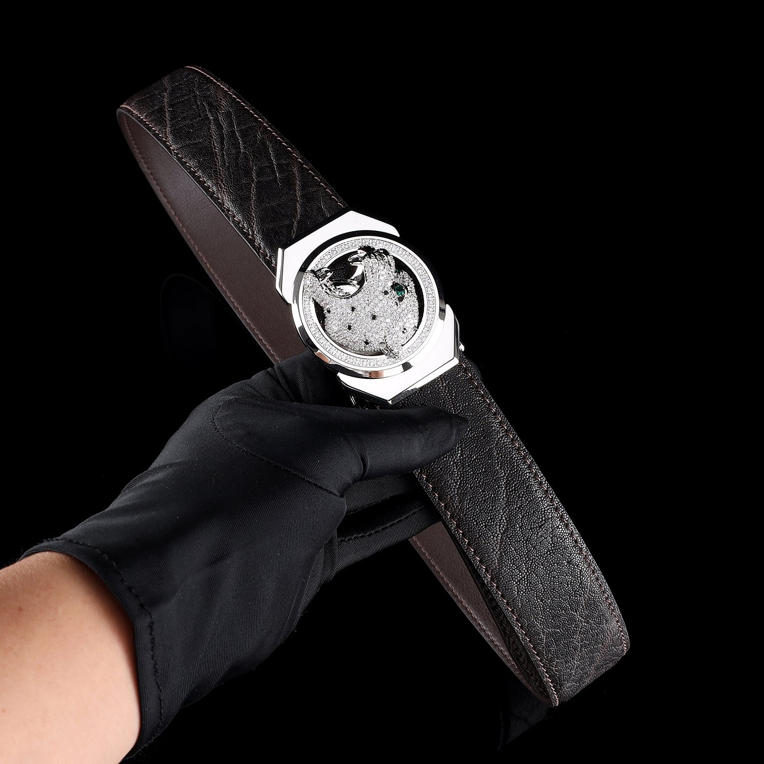 BELTLEY Espresso Brown Elephant Belt with Roaring Leopard Buckle