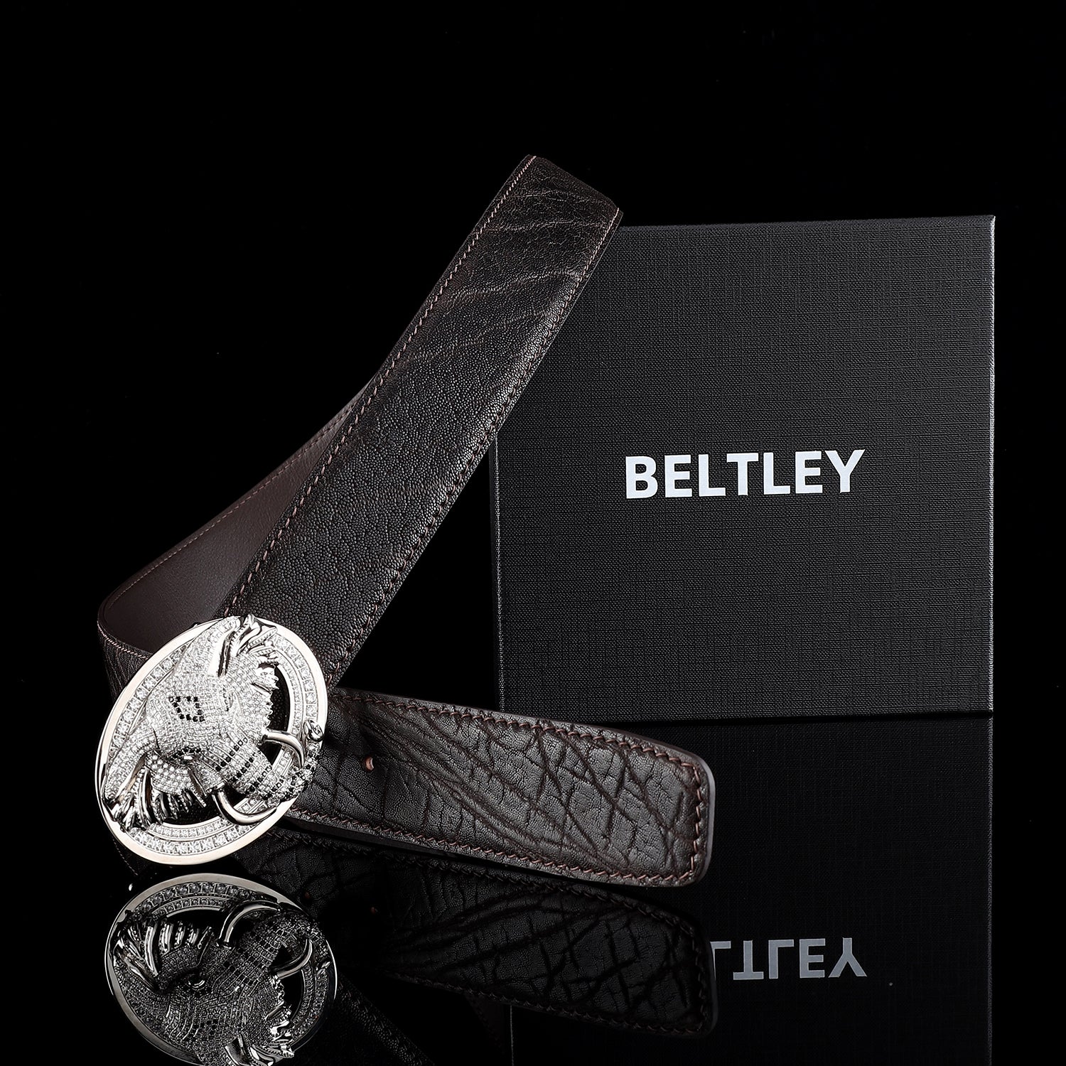 BELTLEY Espresso Brown Elephant Hide Belt with 3D Elephant Buckle