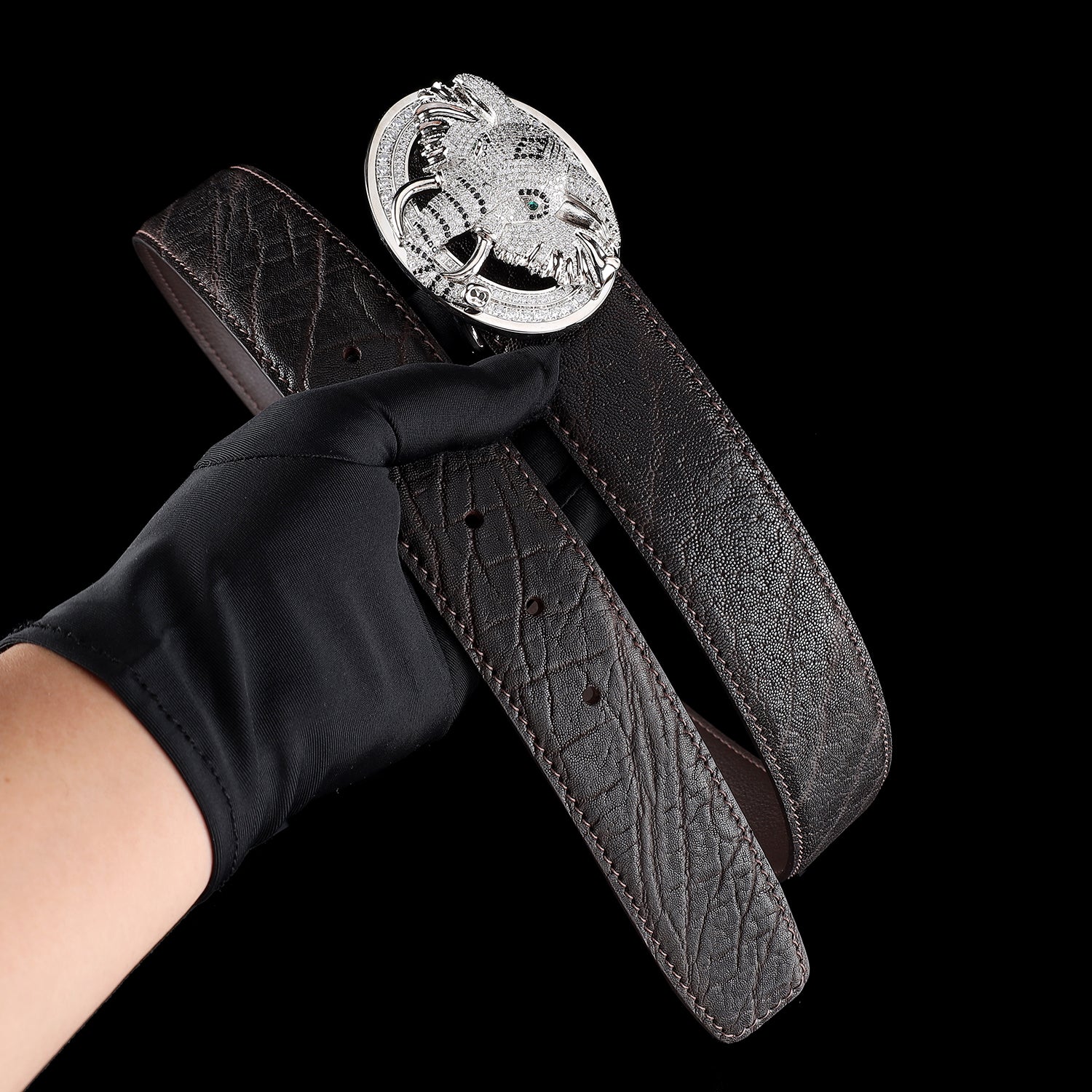 BELTLEY Espresso Brown Elephant Hide Belt with 3D Elephant Buckle