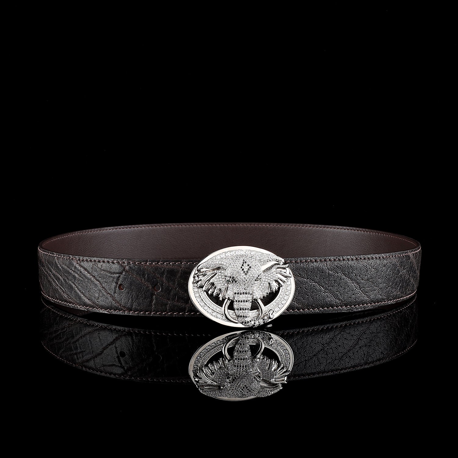 BELTLEY Espresso Brown Elephant Hide Belt with 3D Elephant Buckle