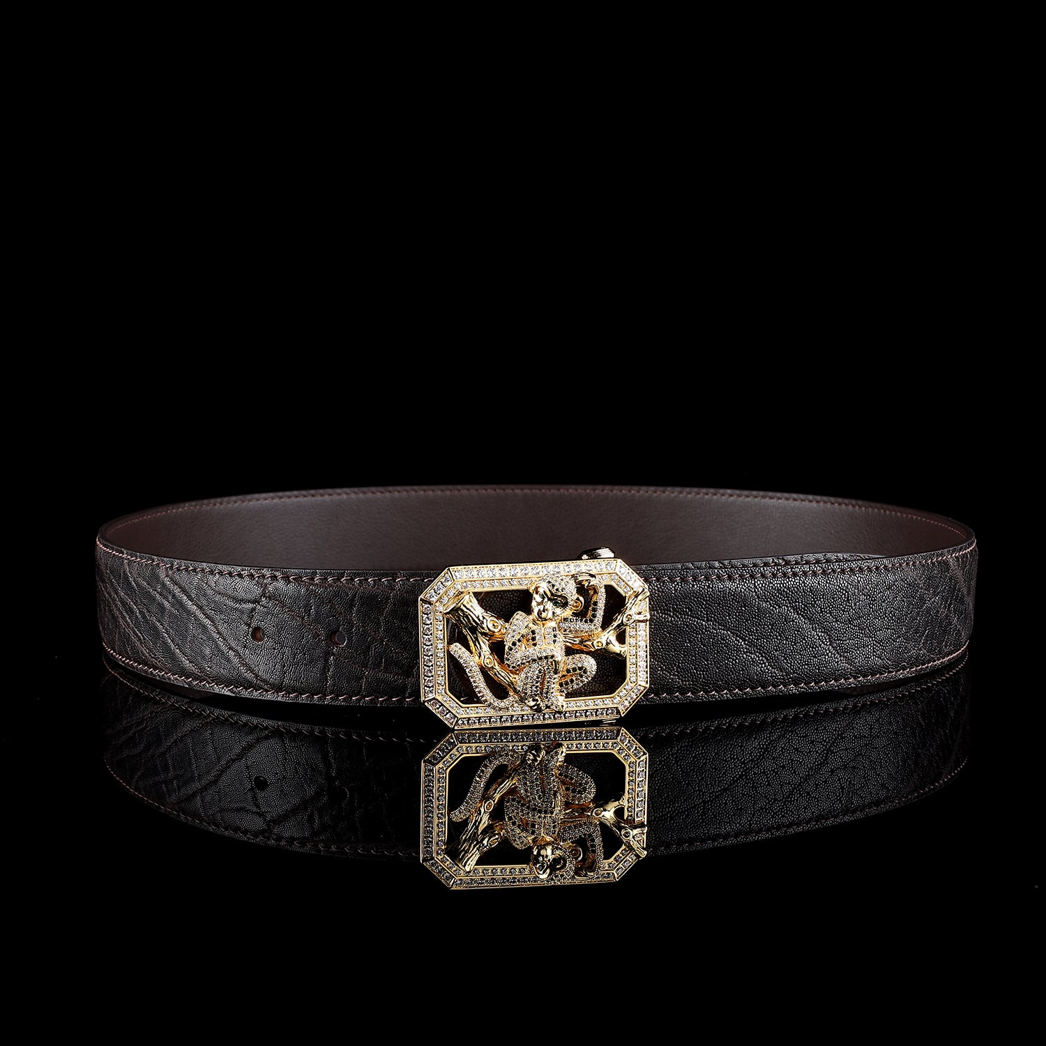 BELTLEY Espresso Brown Elephant Hide Men's Belt-Monkey Buckle