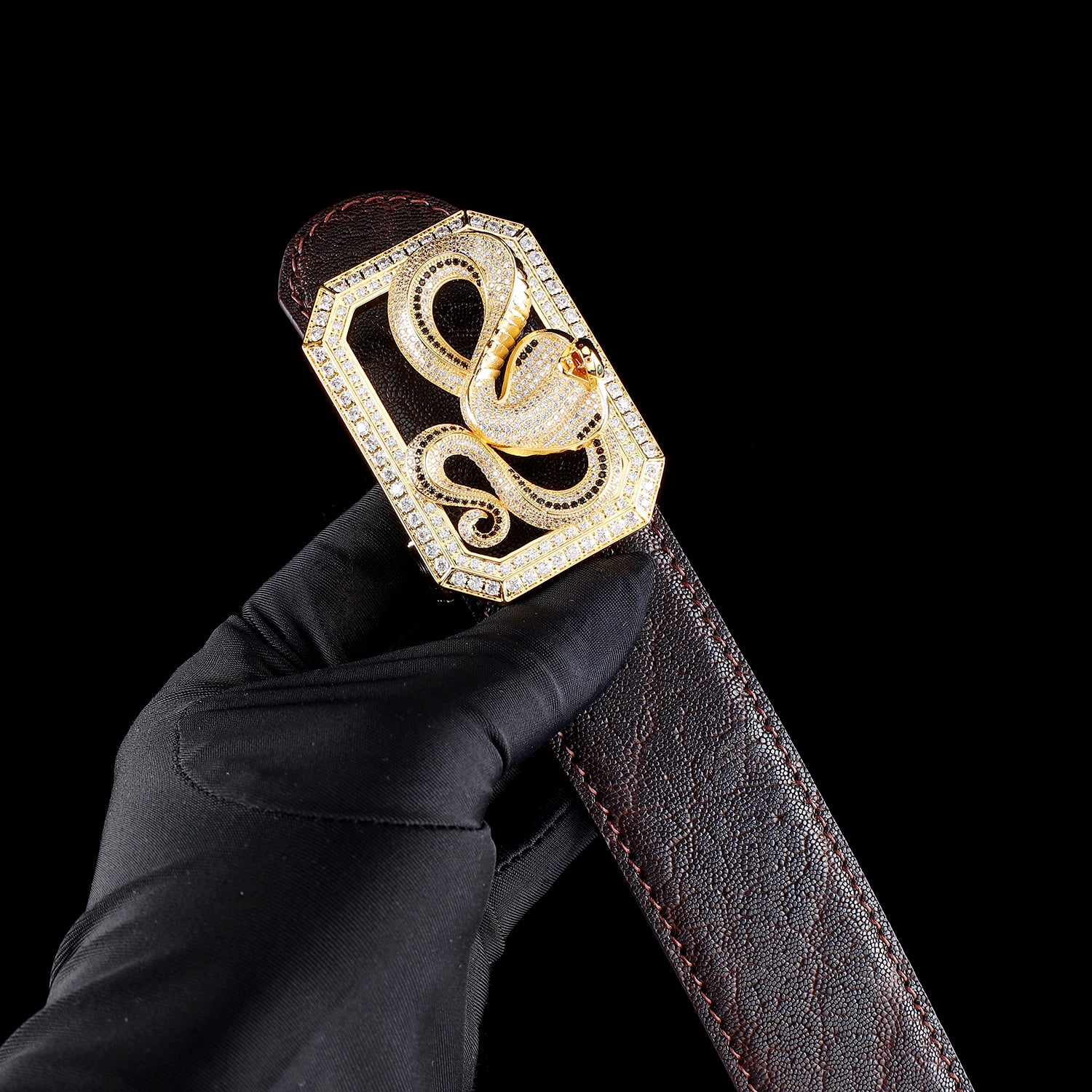 BELTLEY Espresso Brown Elephant Leather Belt With Snake Buckle 1.5 inches