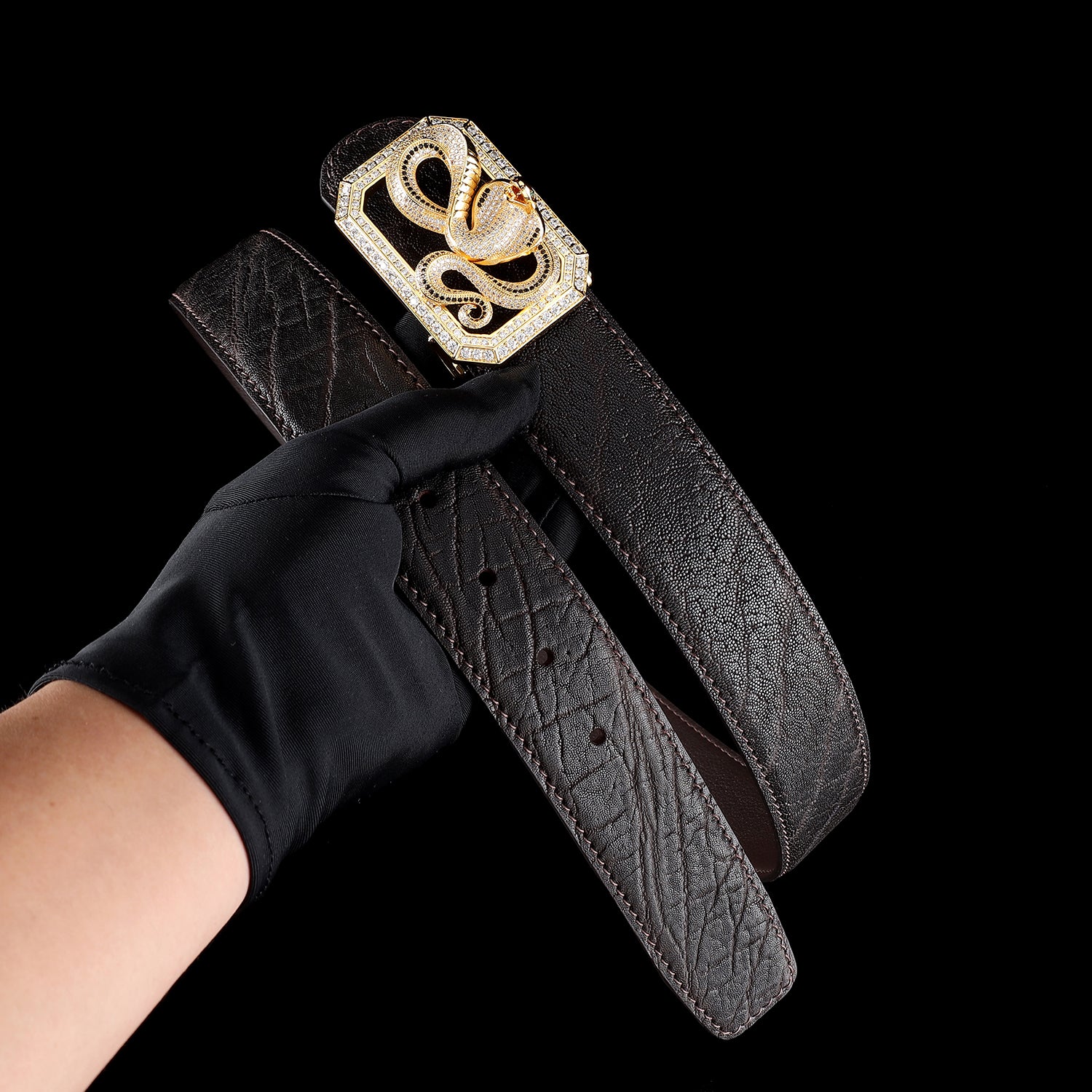 BELTLEY Espresso Brown Elephant Leather Belt With Snake Buckle 1.5 inches