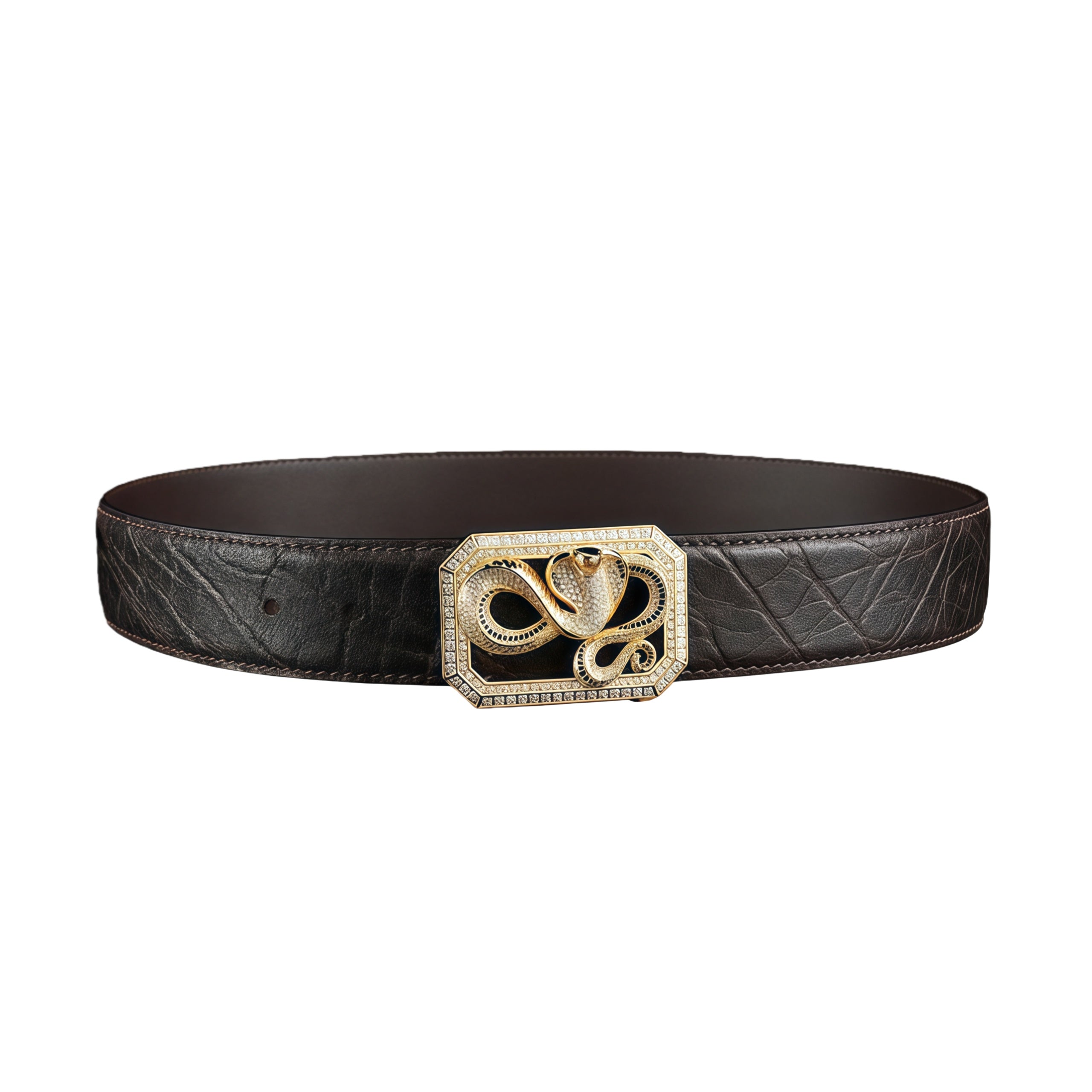 BELTLEY Espresso Brown Elephant Leather Belt With Snake Buckle 1.5 inches