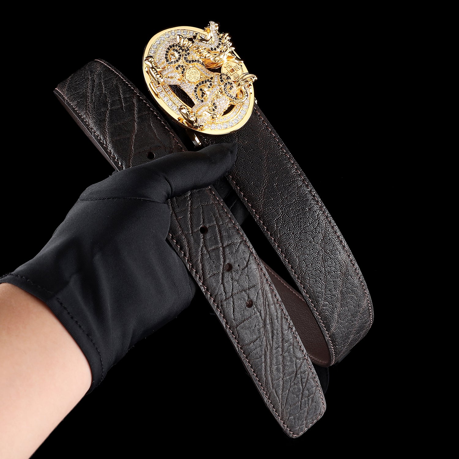 BELTLEY Espresso Brown Elephant Skin Belt With Qilin Buckle