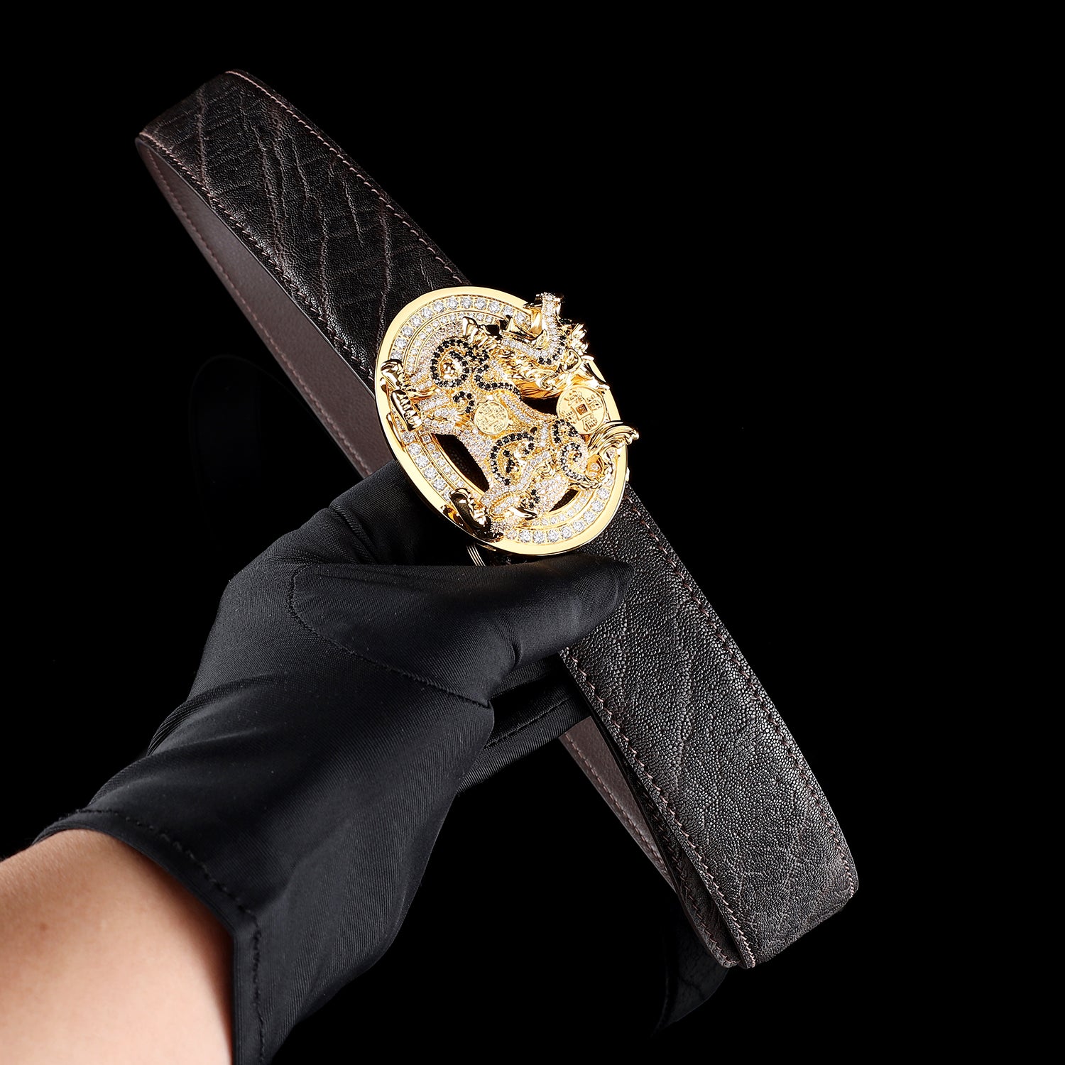 BELTLEY Espresso Brown Elephant Skin Belt With Qilin Buckle