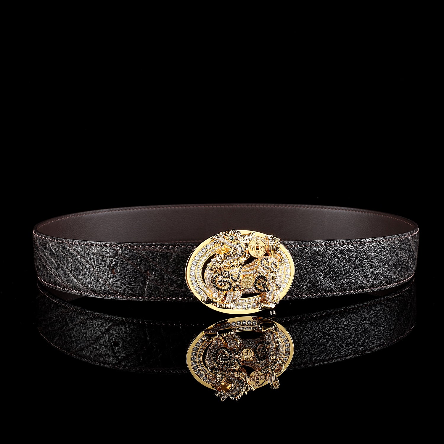 BELTLEY Espresso Brown Elephant Skin Belt With Qilin Buckle