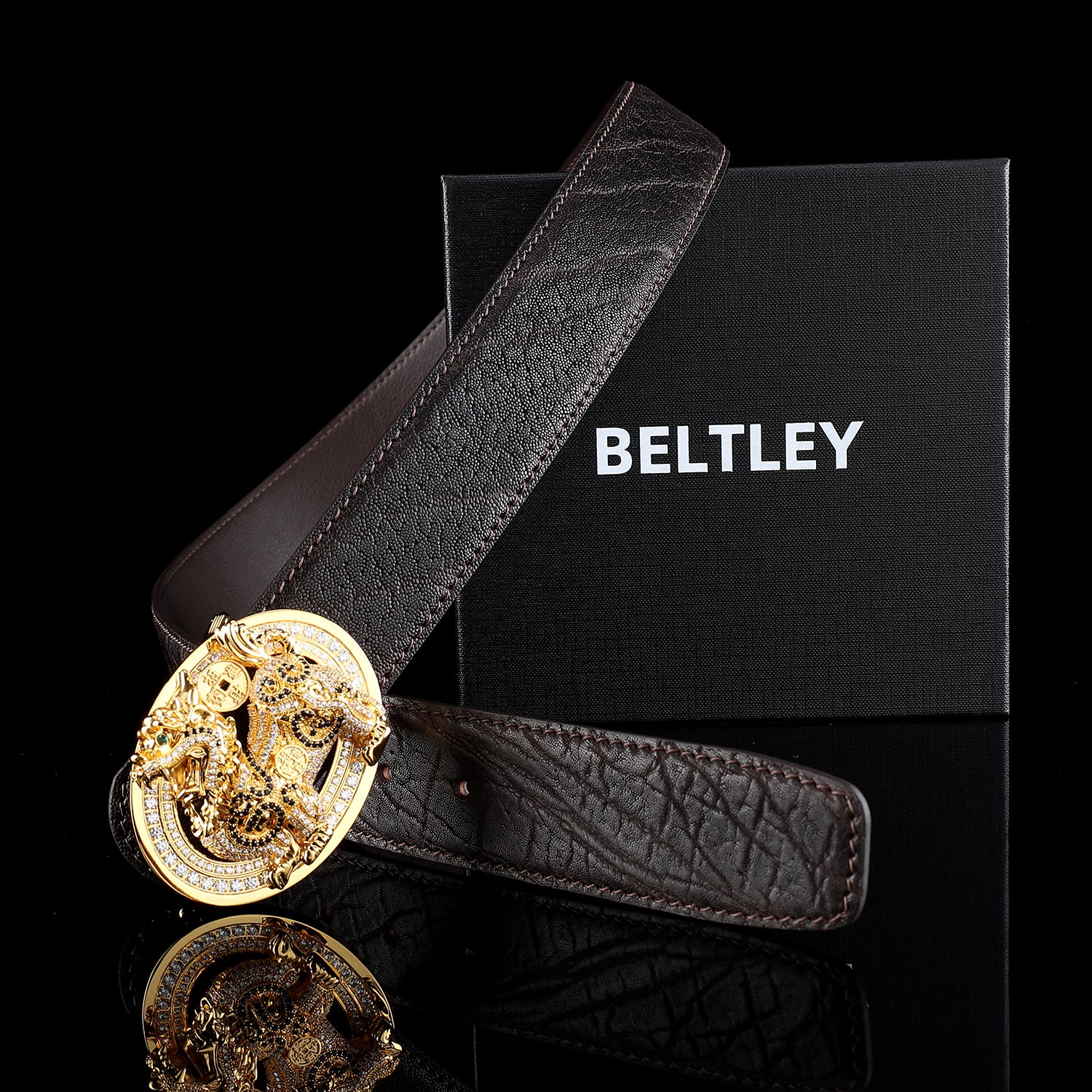 BELTLEY Espresso Brown Elephant Skin Belt With Qilin Buckle