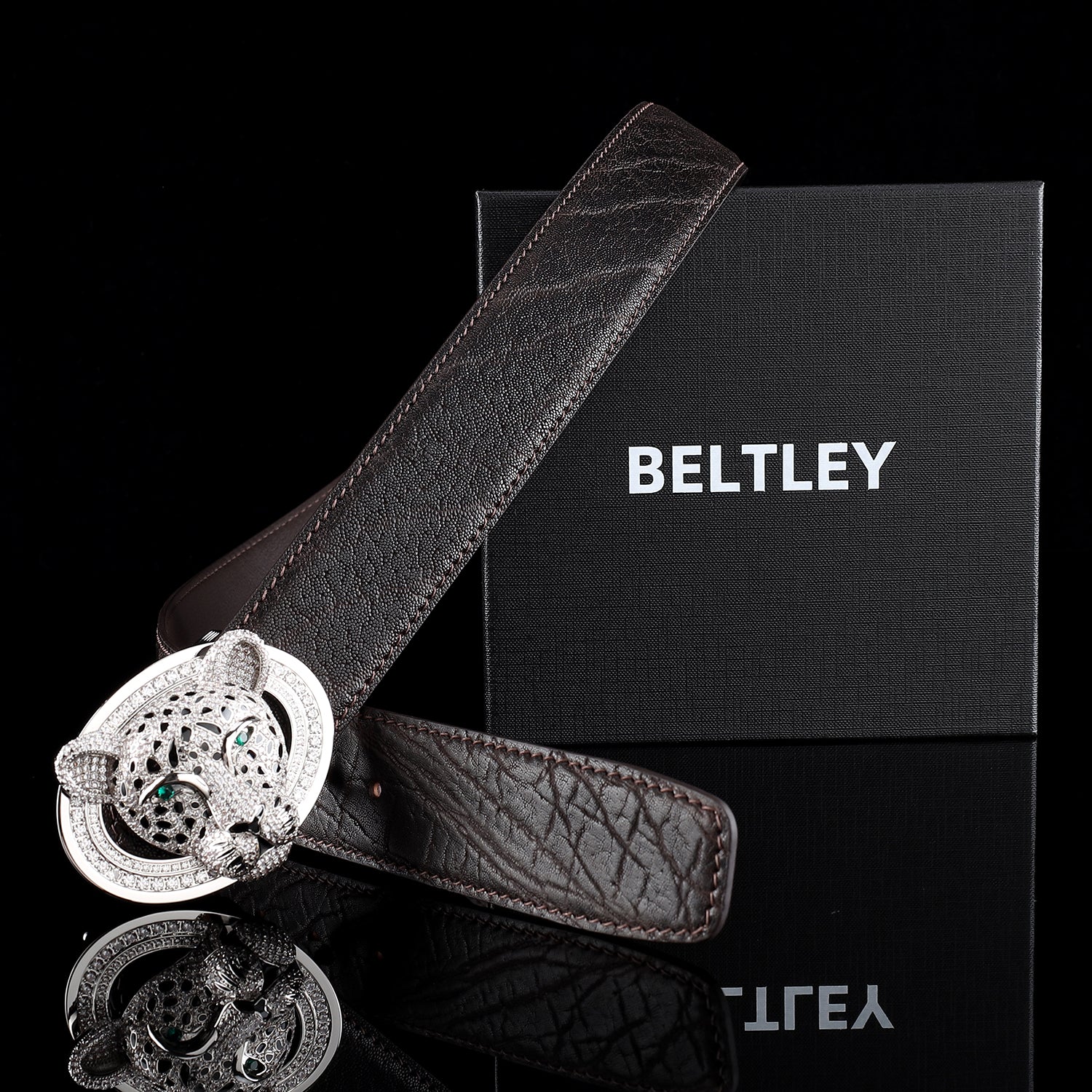 BELTLEY Espresso Brown Elephant Skin Belt with 3D Leopard Head Buckle