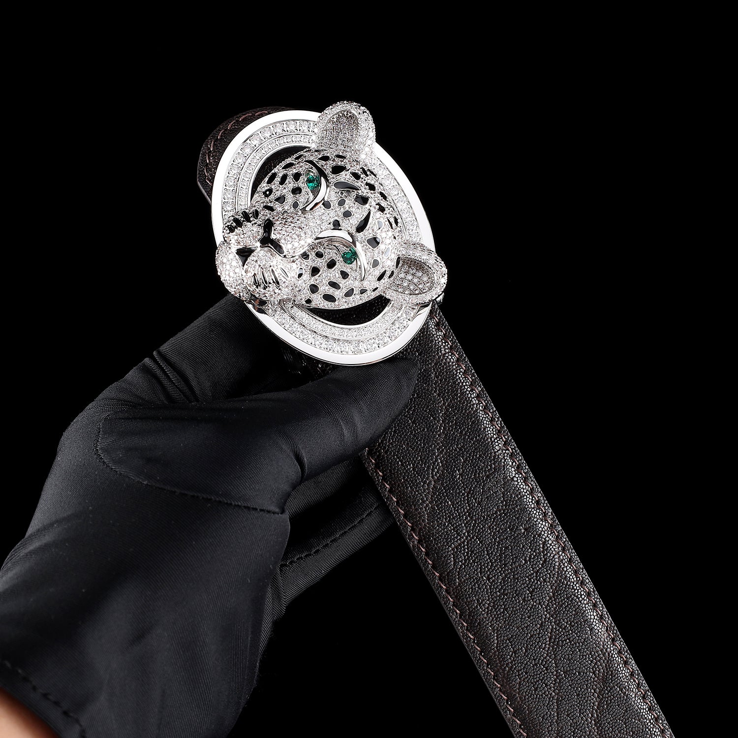 BELTLEY Espresso Brown Elephant Skin Belt with 3D Leopard Head Buckle