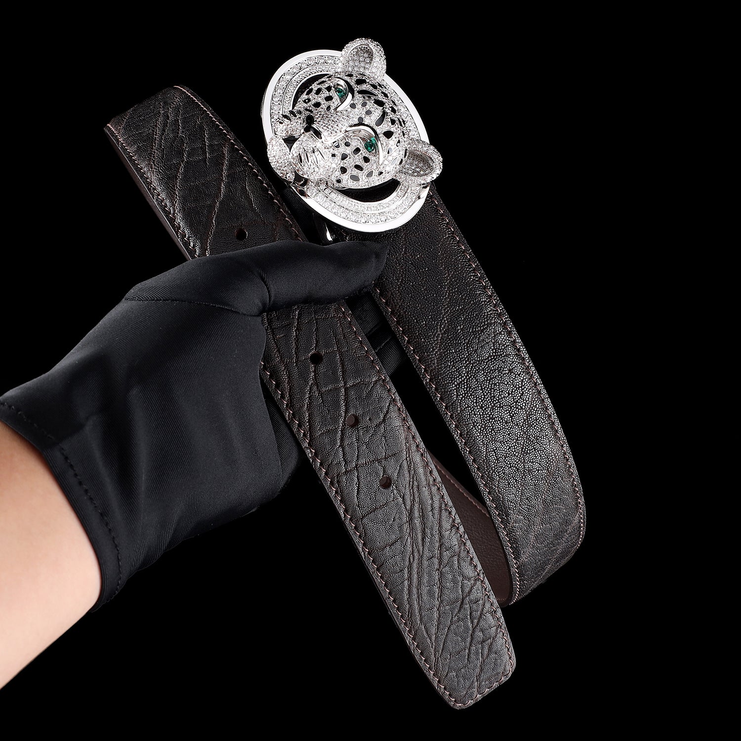 BELTLEY Espresso Brown Elephant Skin Belt with 3D Leopard Head Buckle