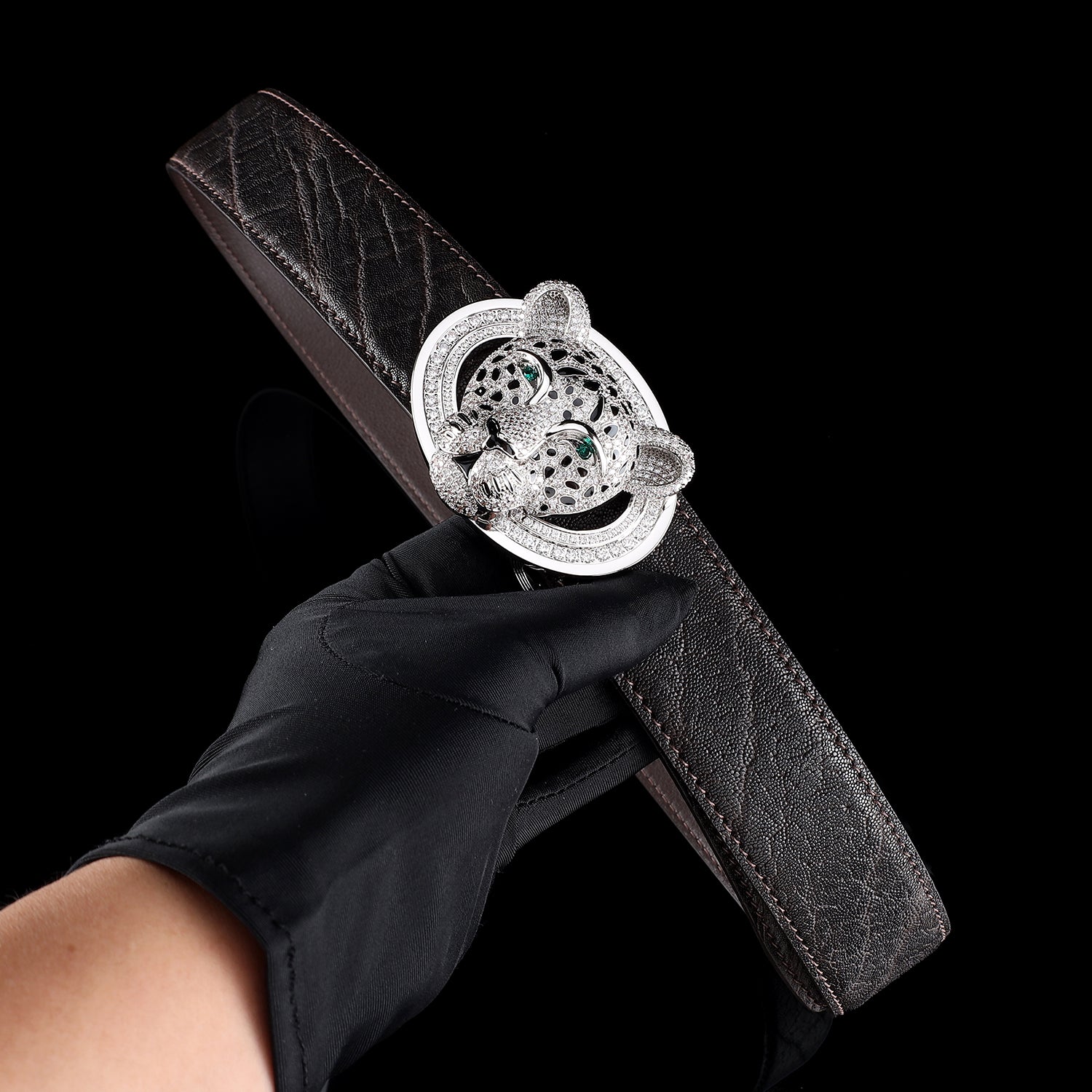 BELTLEY Espresso Brown Elephant Skin Belt with 3D Leopard Head Buckle