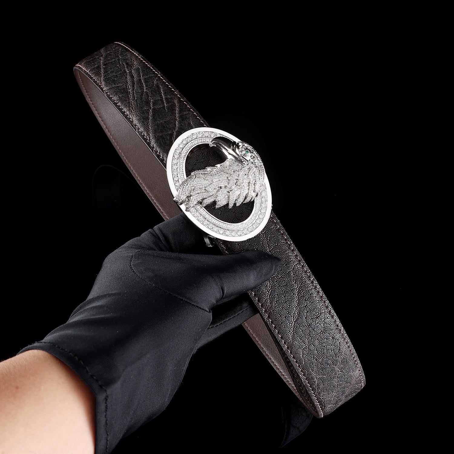 BELTLEY Espresso Brown Elephant Skin Belt with 3D Eagle Buckle