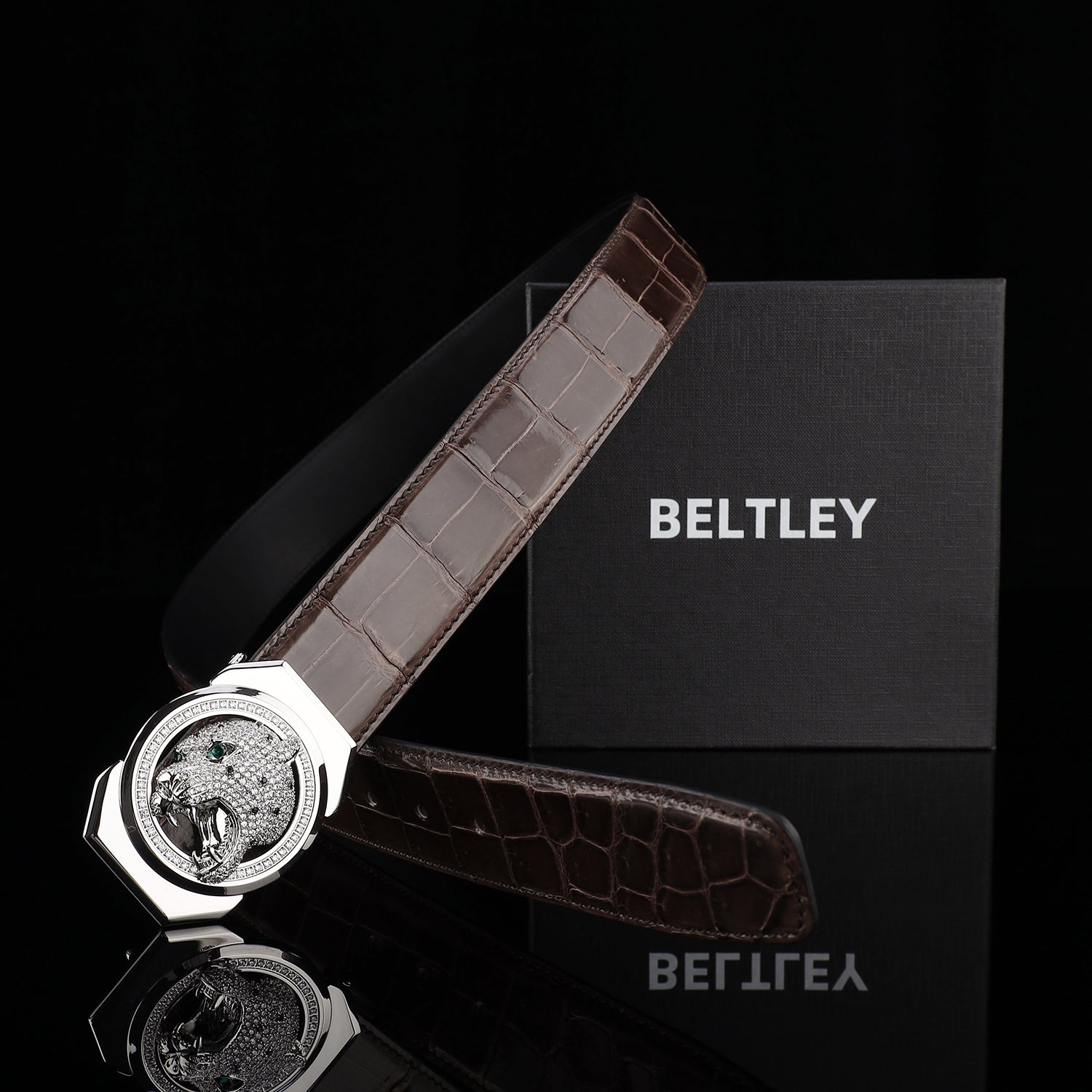 BELTLEY Espresso Brown Exotic Crocodile Leather Belt