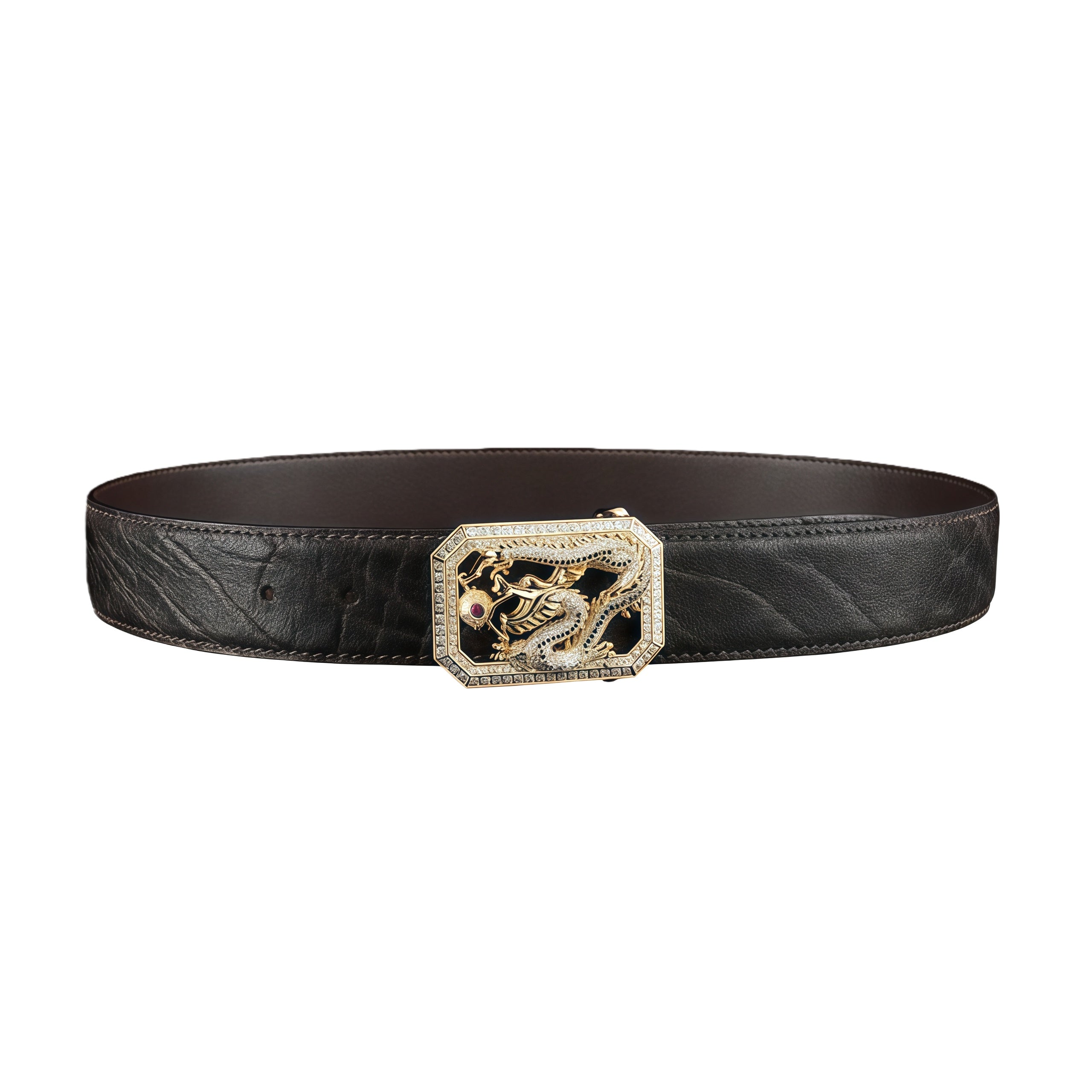 BELTLEY Espresso Brown Genuine Elephant Hide Belt with Dragon Buckle