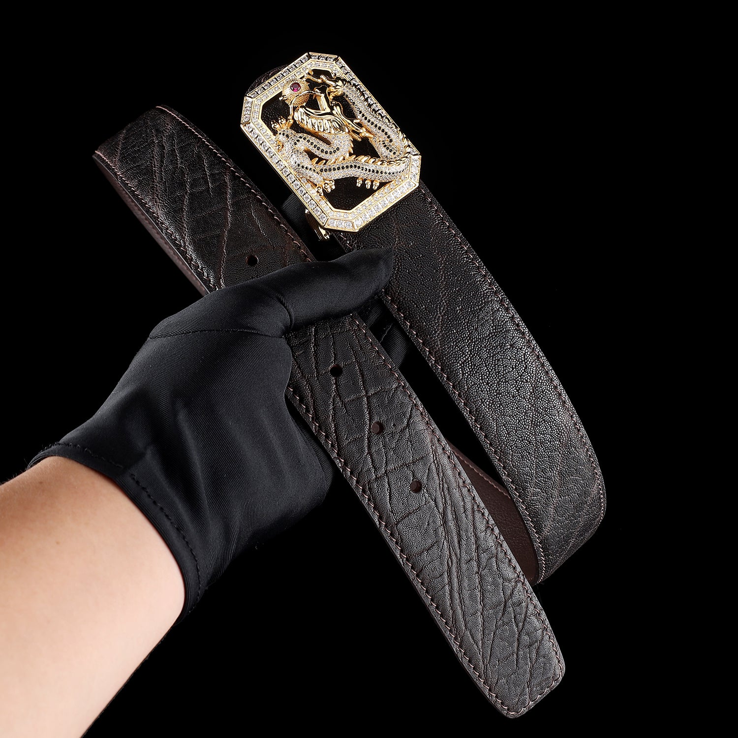 BELTLEY Espresso Brown Genuine Elephant Hide Belt with Dragon Buckle