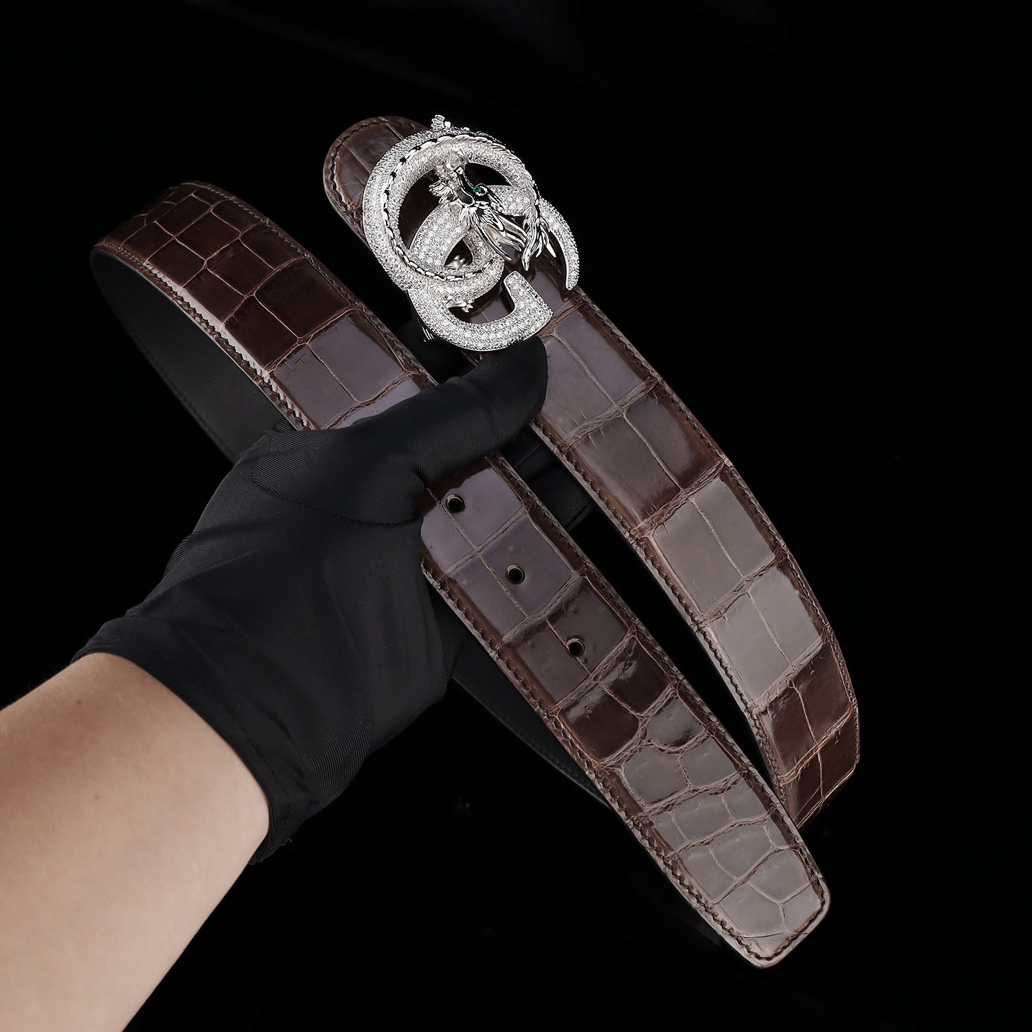 BELTLEY Espresso Brown Glazed Crocodile Leather Belt