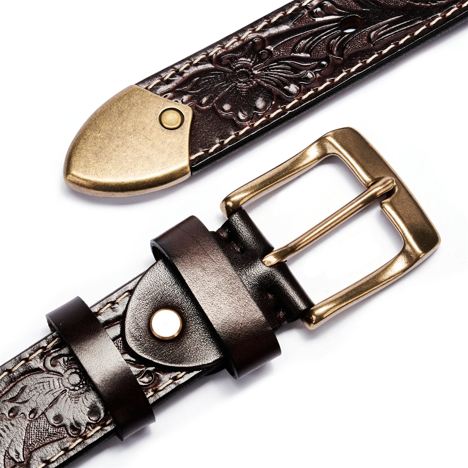 Espresso Brown Flower-Embossed Full-Grain Leather Belt- Durable & Stylish — lifestyle shot | BELTLEY
