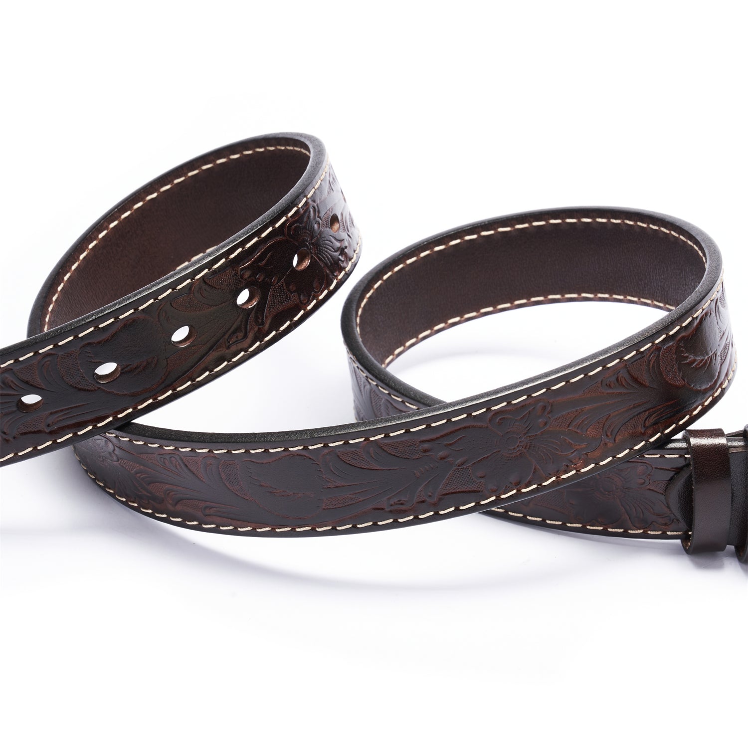 Espresso Brown Flower-Embossed Full-Grain Leather Belt- Durable & Stylish — side detail | BELTLEY