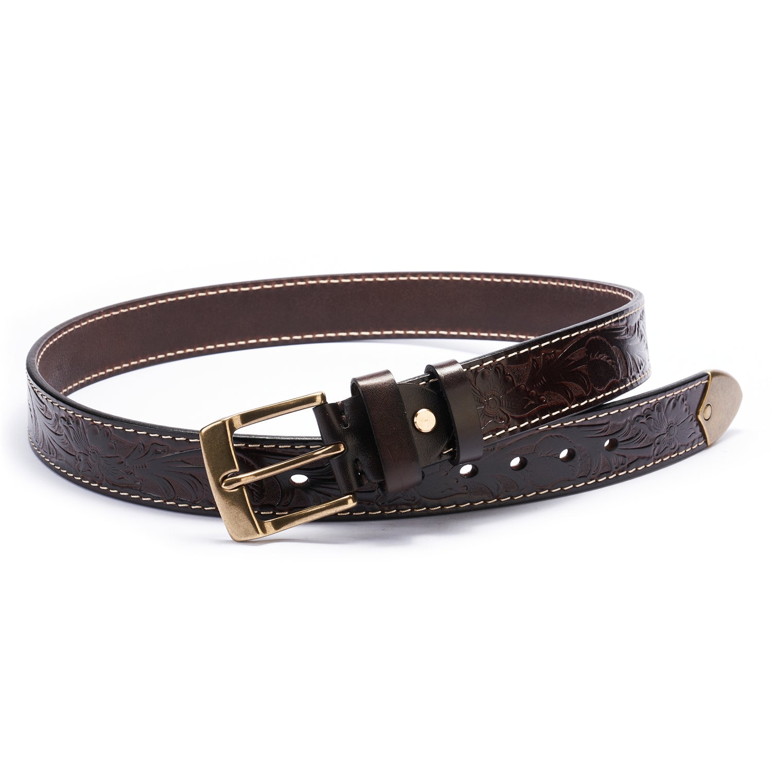 BELTLEY Espresso Brown Flower-Embossed Full-Grain Leather Belt- Durable & Stylish