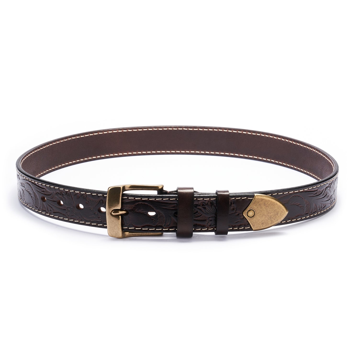 BELTLEY Espresso Brown Flower-Embossed Full-Grain Leather Belt- Durable & Stylish