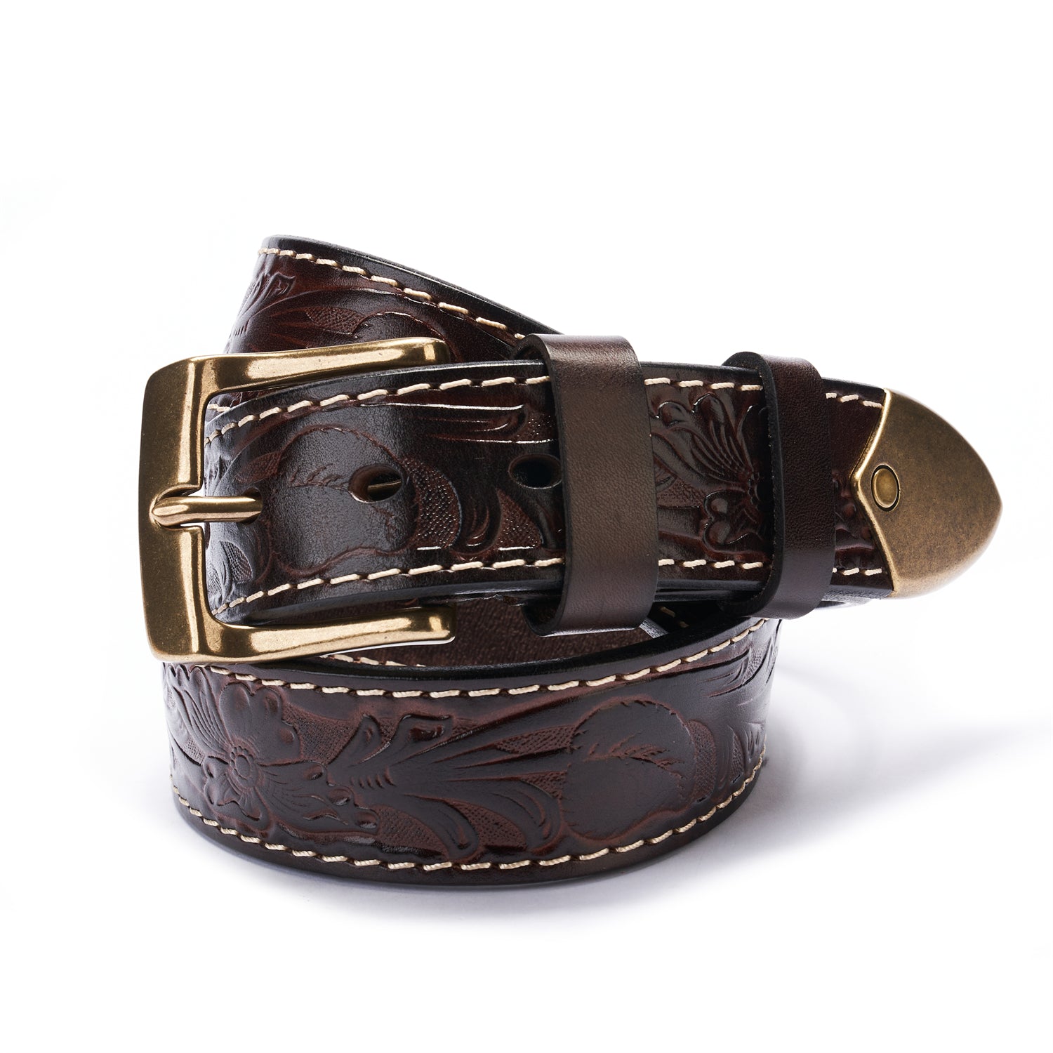 Espresso Brown Flower-Embossed Full-Grain Leather Belt- Durable & Stylish — buckle close-up | BELTLEY