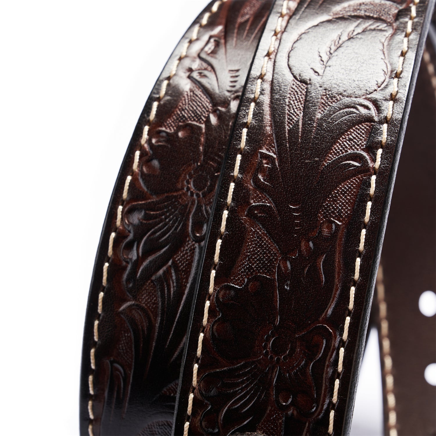 Espresso Brown Flower-Embossed Full-Grain Leather Belt- Durable & Stylish — lay-flat view | BELTLEY