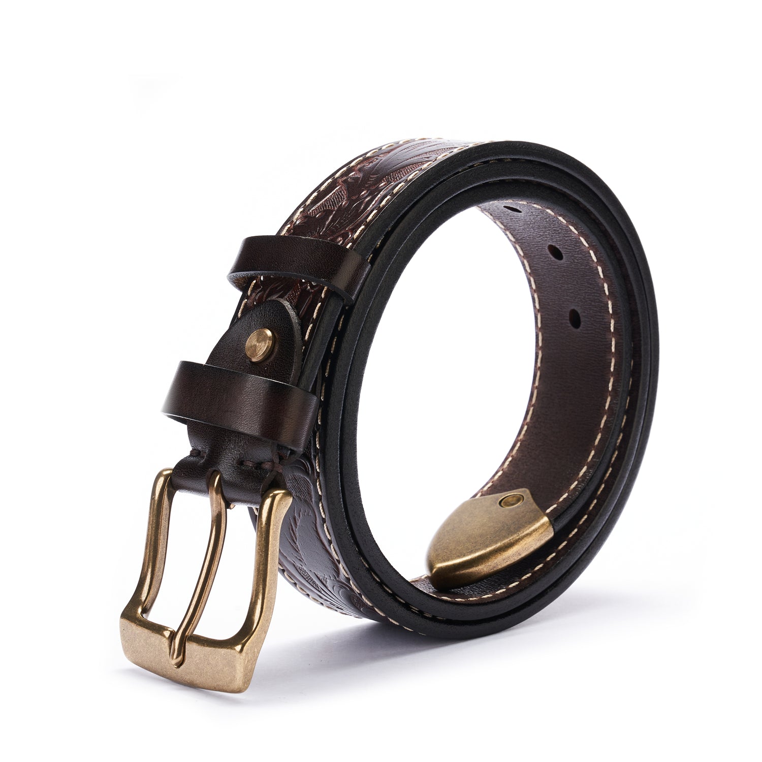 BELTLEY Espresso Brown Flower-Embossed Full-Grain Leather Belt- Durable & Stylish