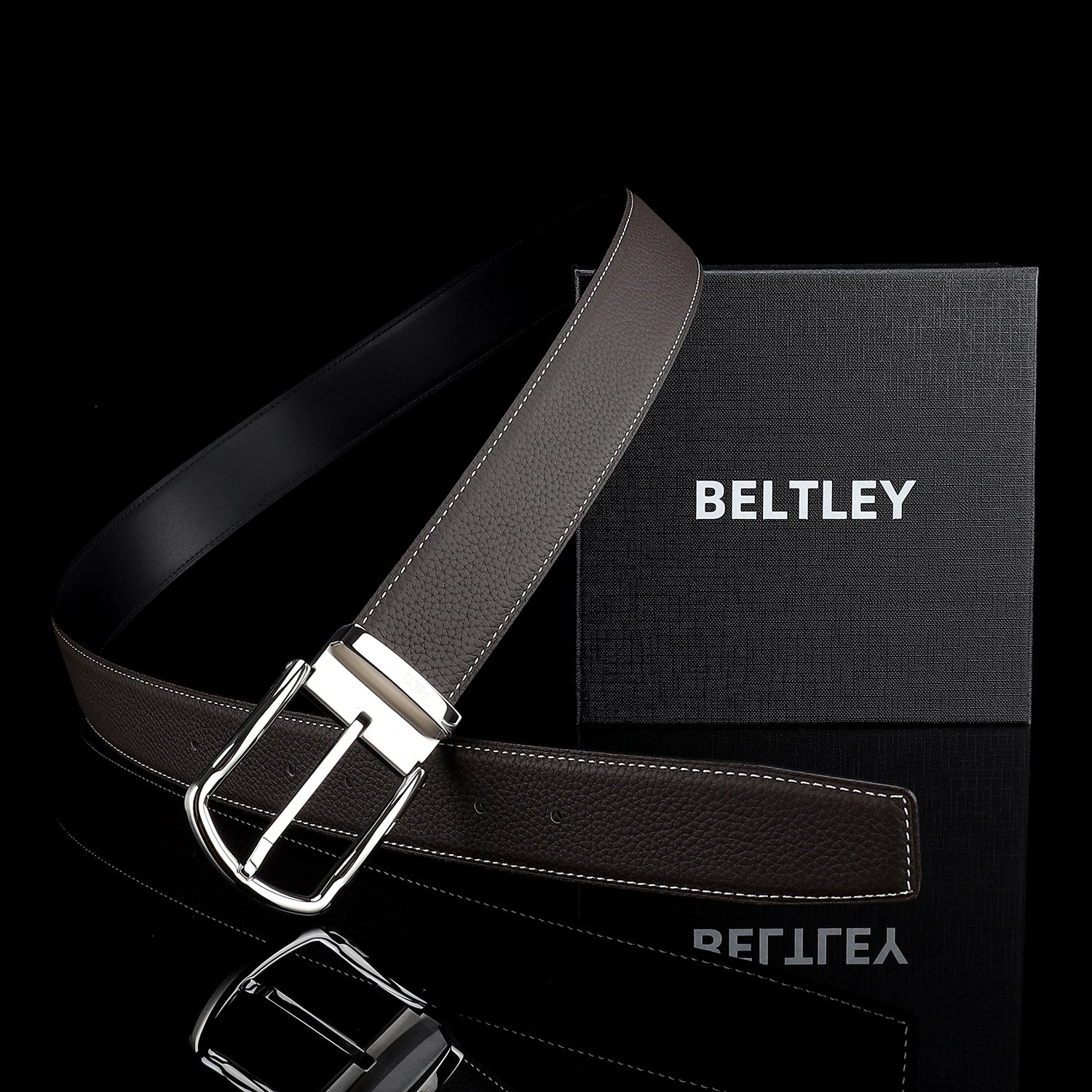 BELTLEY Espresso Brown Pebbled Leather Belt-1.5 Inches