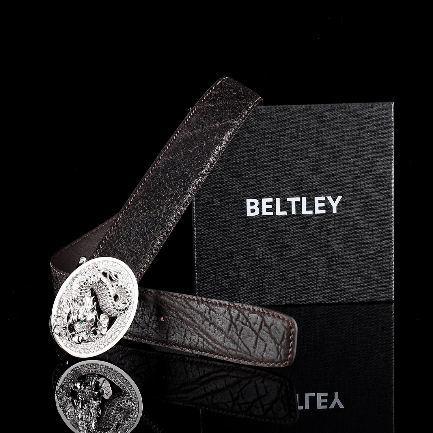 BELTLEY Espresso Brown Real Elephant Belt With 3D Dragon Buckle