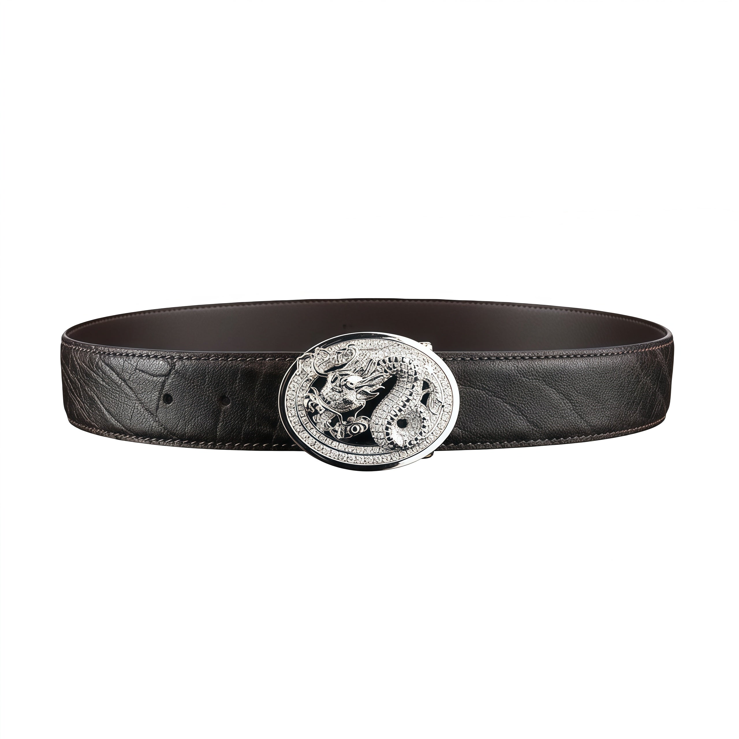 BELTLEY Espresso Brown Real Elephant Belt With 3D Dragon Buckle