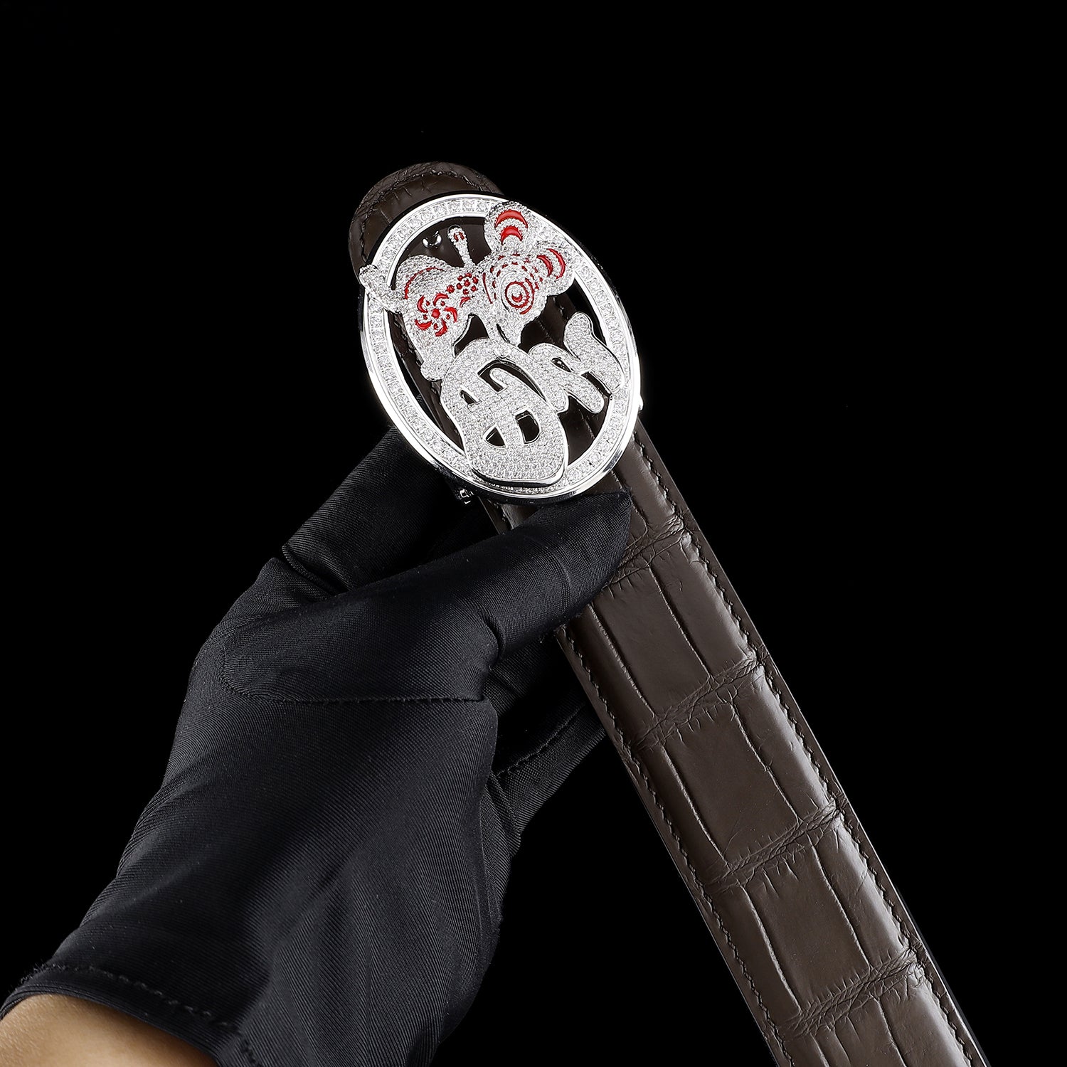 BELTLEY Espresso Crocodile Belt with Fortune Rat Buckle