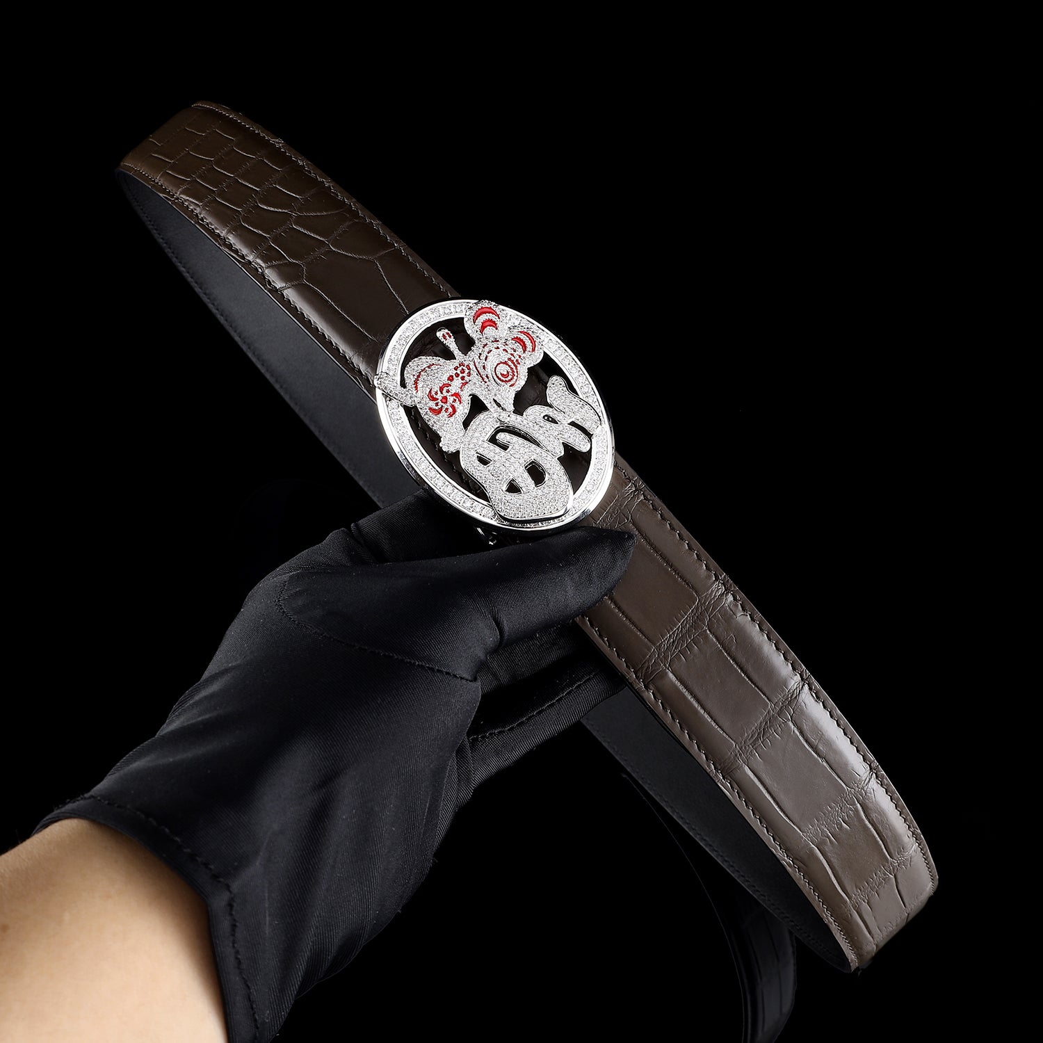 BELTLEY Espresso Crocodile Belt with Fortune Rat Buckle