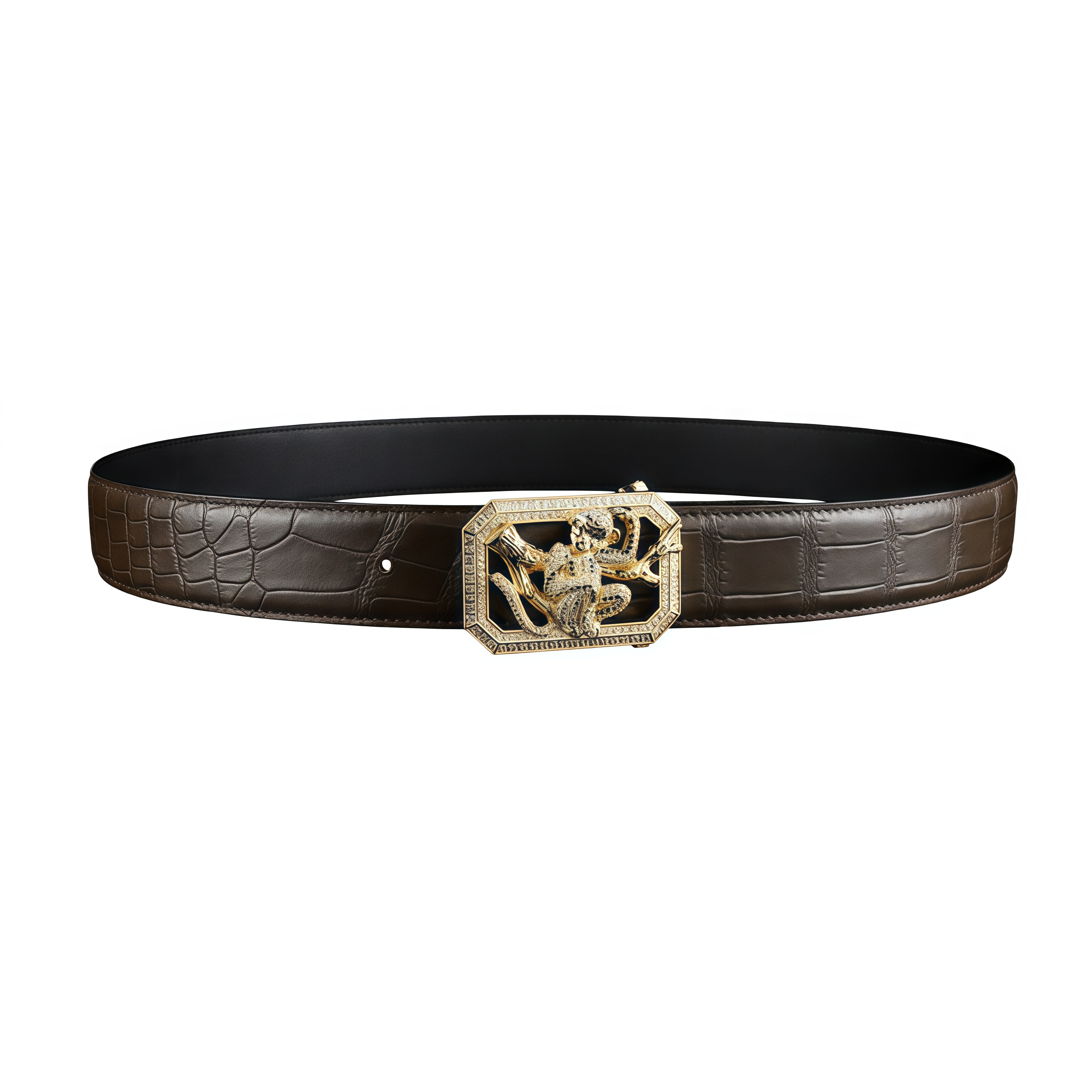 BELTLEY Espresso Crocodile Leather Belt With Gold plated Monkey Buckle