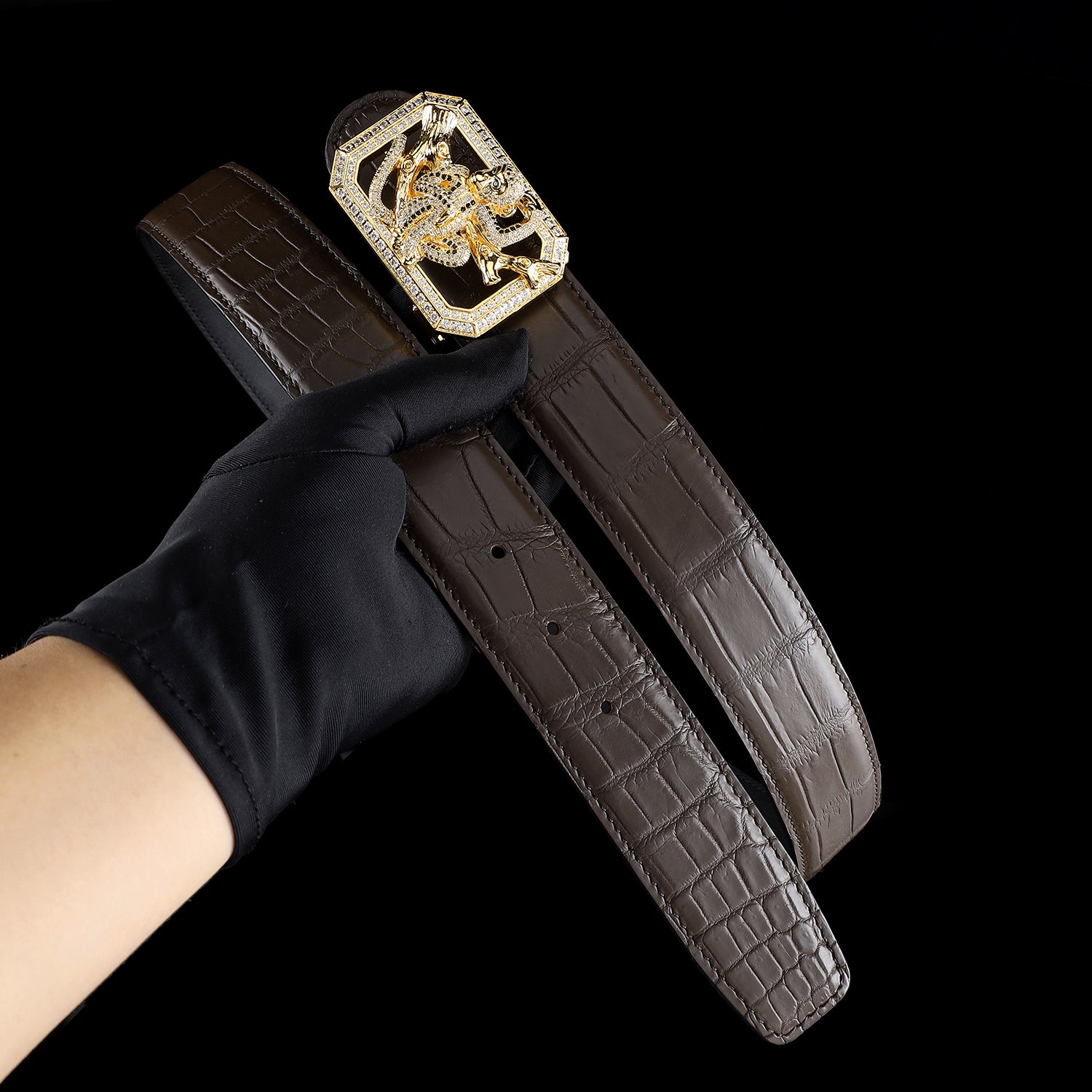 BELTLEY Espresso Crocodile Leather Belt With Gold plated Monkey Buckle