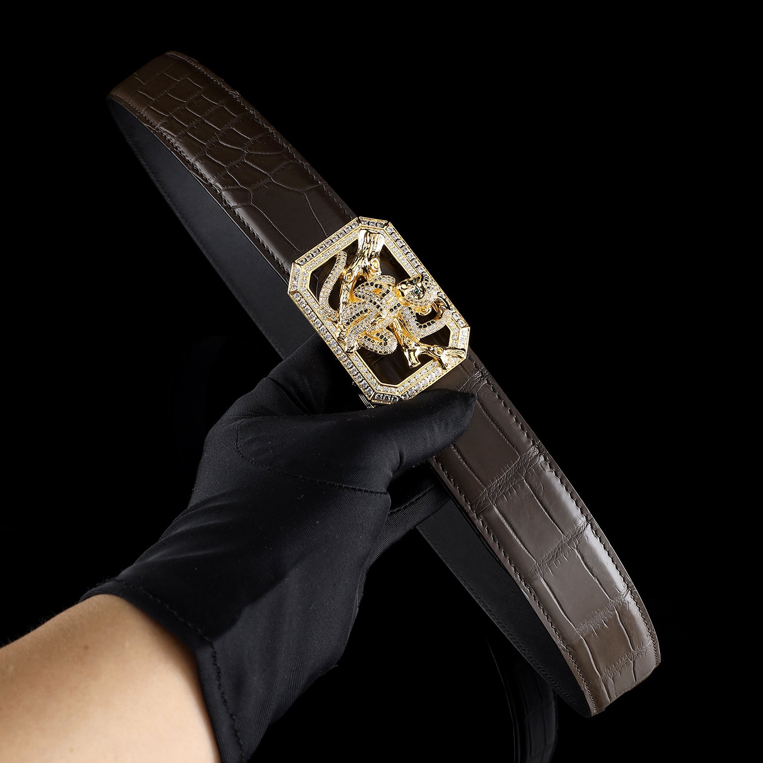 BELTLEY Espresso Crocodile Leather Belt With Gold plated Monkey Buckle